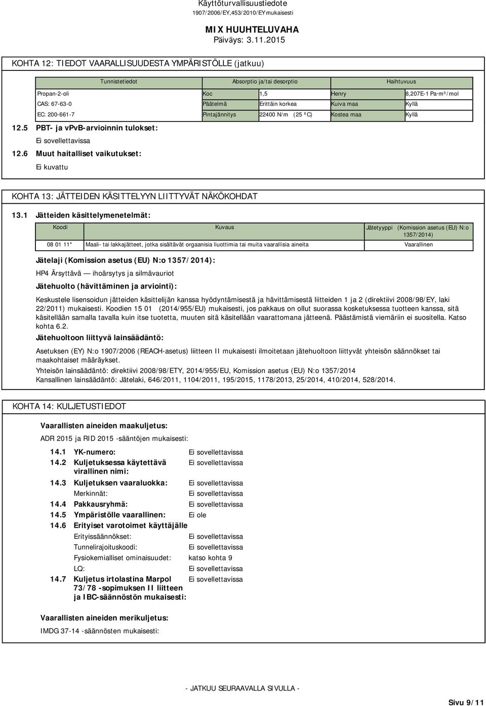 1 Jätteiden käsittelymenetelmät: Koodi Kuvaus Jätetyyppi (Komission asetus (EU) N:o 1357/2014) 08 01 11* Maali- tai lakkajätteet, jotka sisältävät orgaanisia liuottimia tai muita vaarallisia aineita