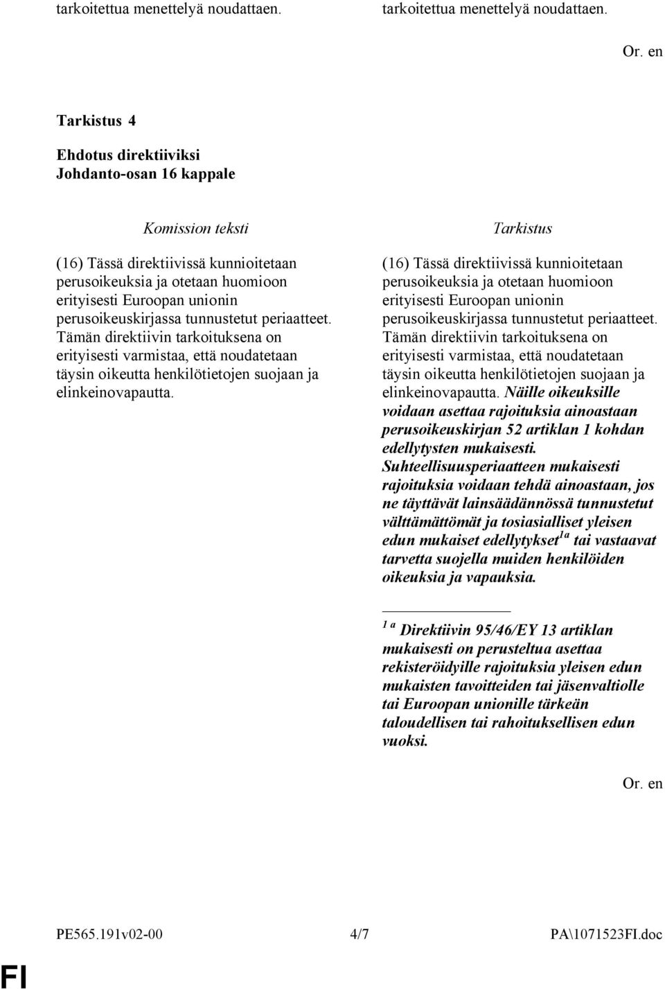 Tämän direktiivin tarkoituksena on erityisesti varmistaa, että noudatetaan täysin oikeutta henkilötietojen suojaan ja elinkeinovapautta.