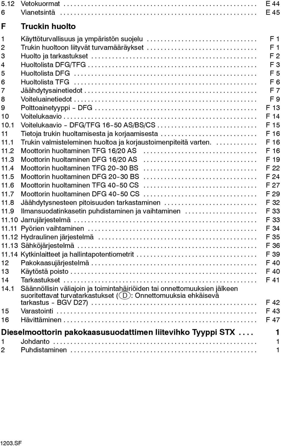 .. F 14 10.1 Voitelukaavio -- DFG/TFG 16--50 AS/BS/CS... F 15 11 Tietoja trukin huoltamisesta ja korjaamisesta... F 16 11.1 Trukin valmisteleminen huoltoa ja korjaustoimenpiteitä varten.... F 16 11.2 Moottorin huoltaminen TFG 16/20 AS.