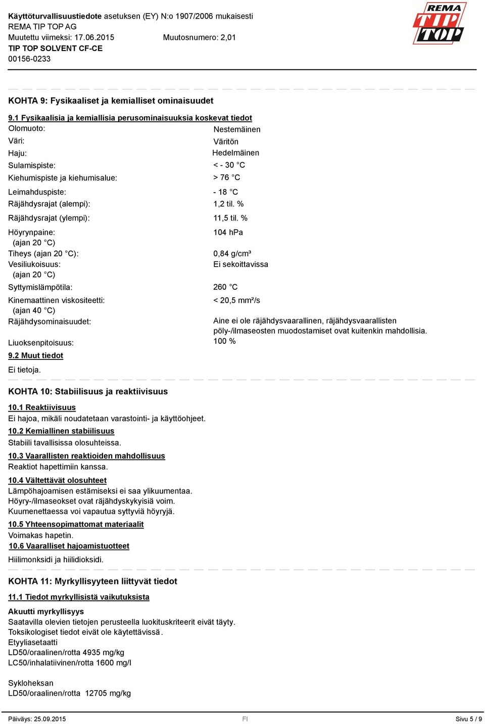 (alempi): Räjähdysrajat (ylempi): Höyrynpaine: (ajan 20 C) Tiheys (ajan 20 C): Vesiliukoisuus: (ajan 20 C) Syttymislämpötila: Kinemaattinen viskositeetti: (ajan 40 C) Räjähdysominaisuudet: