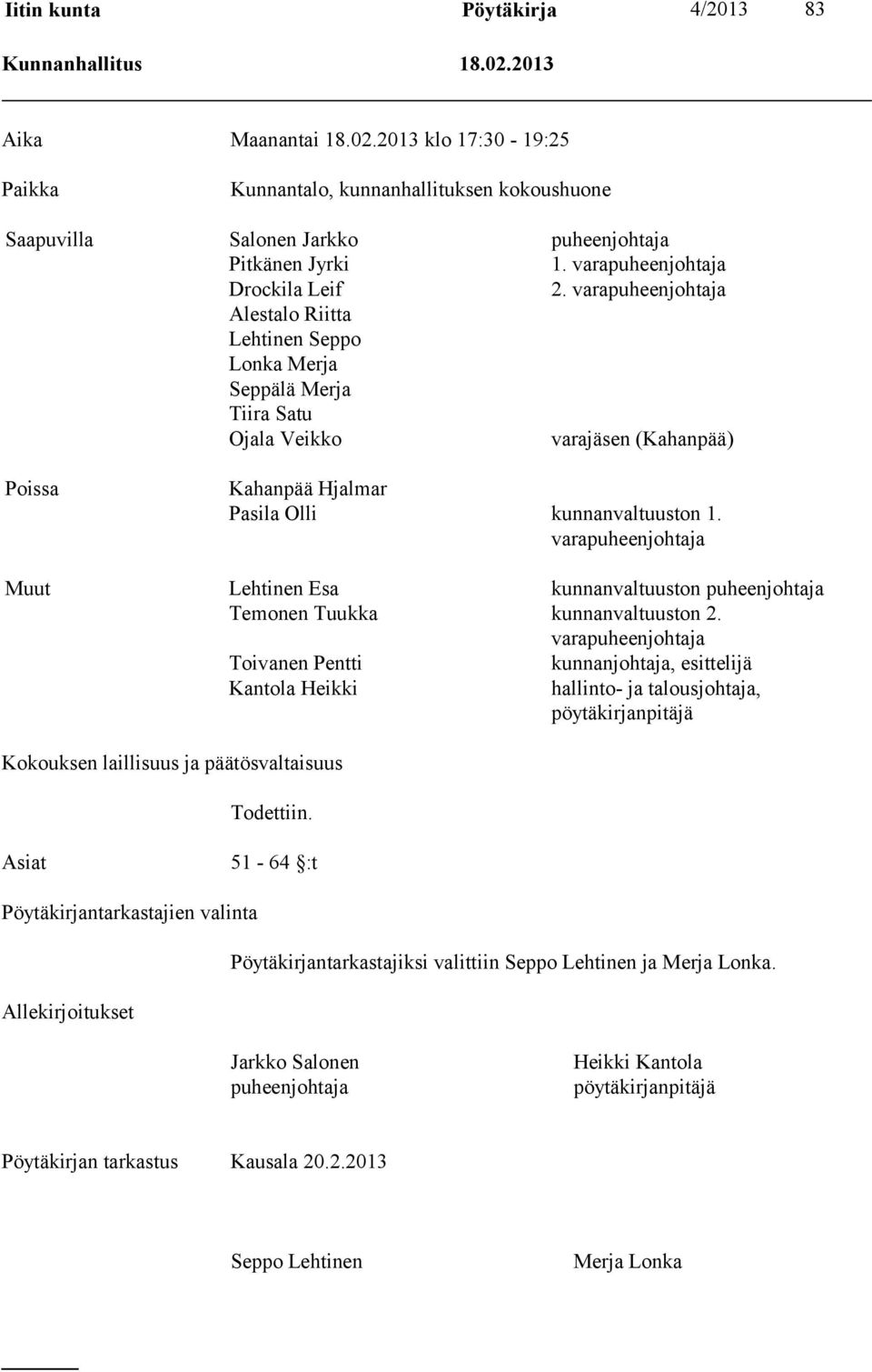 varapuheenjohtaja Alestalo Riitta Lehtinen Seppo Lonka Merja Seppälä Merja Tiira Satu Ojala Veikko varajäsen (Kahanpää) Poissa Kahanpää Hjalmar Pasila Olli kunnanvaltuuston 1.