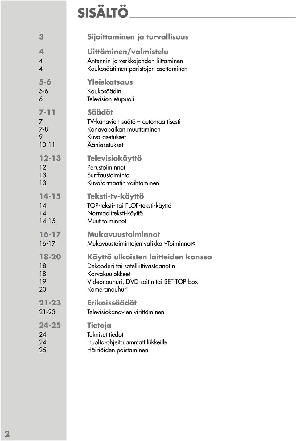vaihtaminen 14-15 Teksti-tv-käyttö 14 TOP-teksti- tai FLOF-teksti-käyttö 14 Normaaliteksti-käyttö 14-15 Muut toiminnot 16-17 Mukavuustoiminnot 16-17 Mukavuustoimintojen valikko»toiminnot«18-20 Käyttö