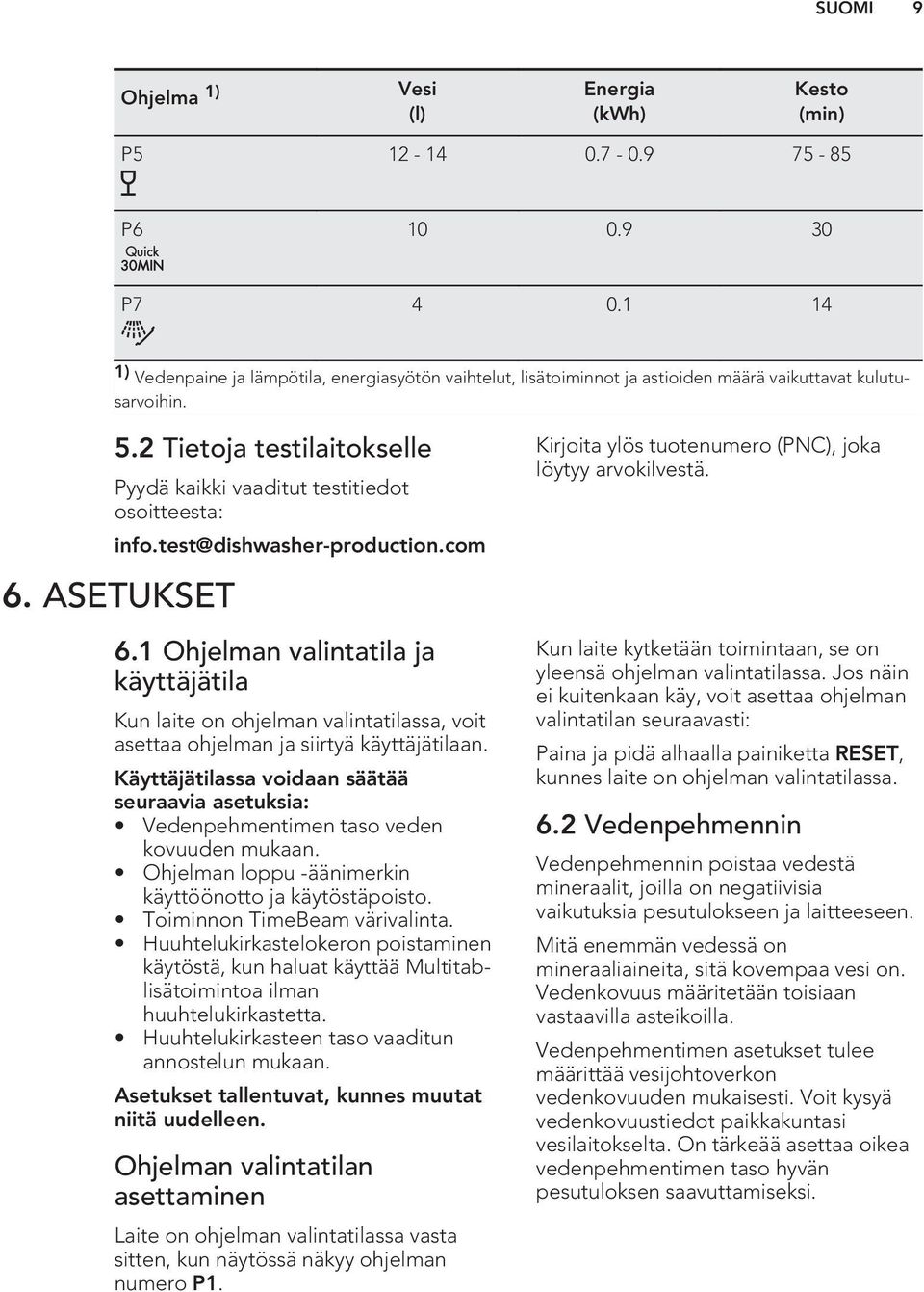 2 Tietoja testilaitokselle Pyydä kaikki vaaditut testitiedot osoitteesta: info.test@dishwasher-production.com 6. ASETUKSET 6.