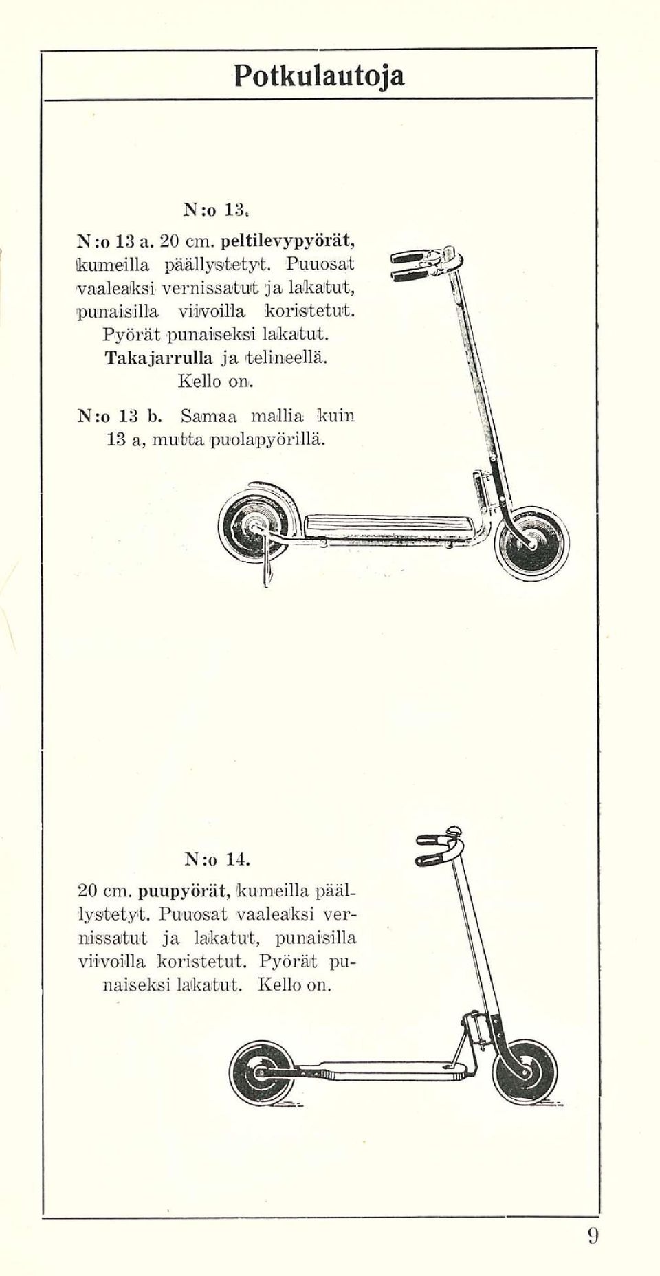 Takajarrulla ja telineellä. Kello on. Nro 13 b. Samaa mallia touin 13 a, mutta puolapyörillä. N:o 14. 20 cm.