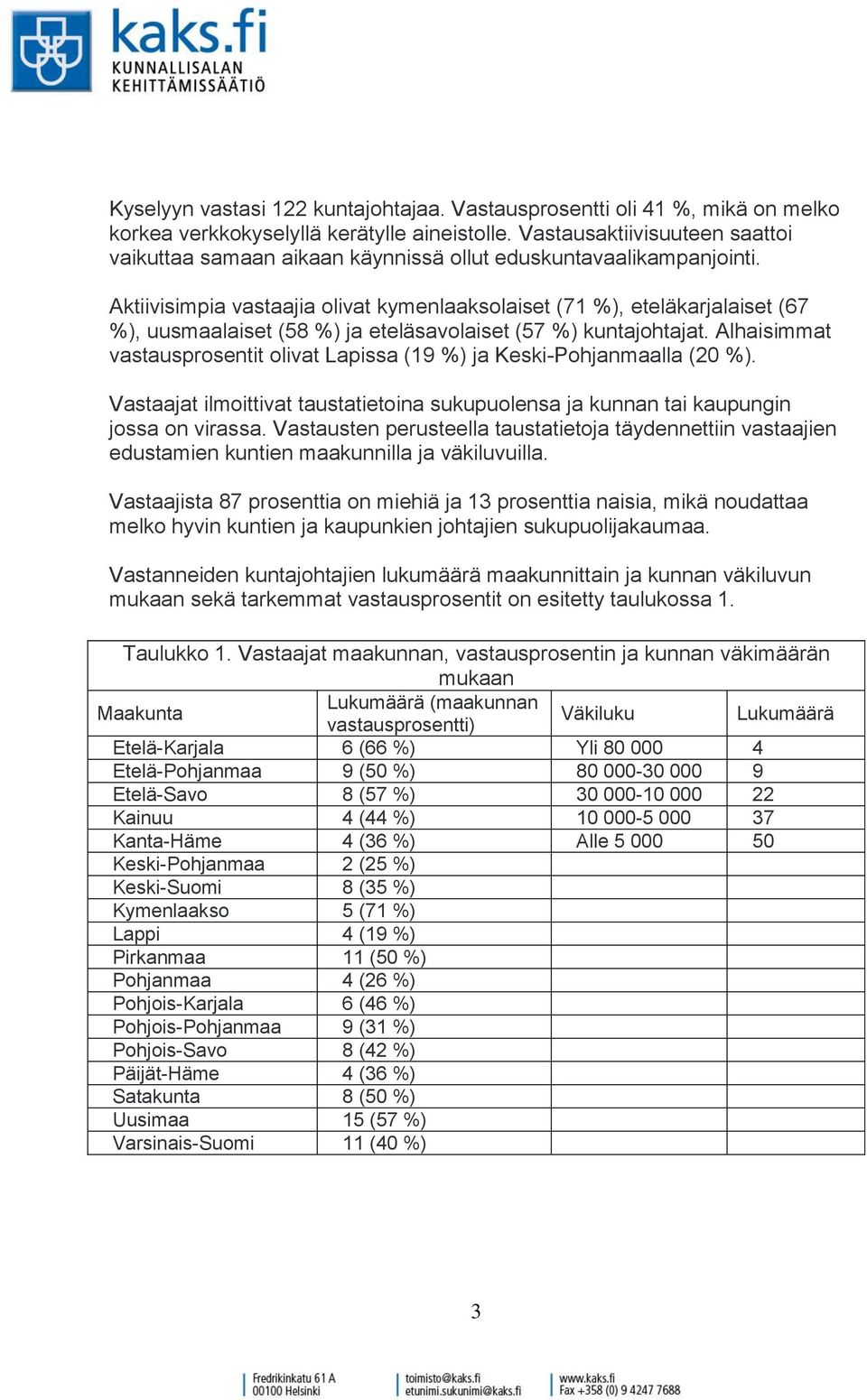 Aktiivisimpia vastaajia olivat kymenlaaksolaiset (71 %), eteläkarjalaiset (67 %), uusmaalaiset (58 %) ja eteläsavolaiset (57 %) kuntajohtajat.