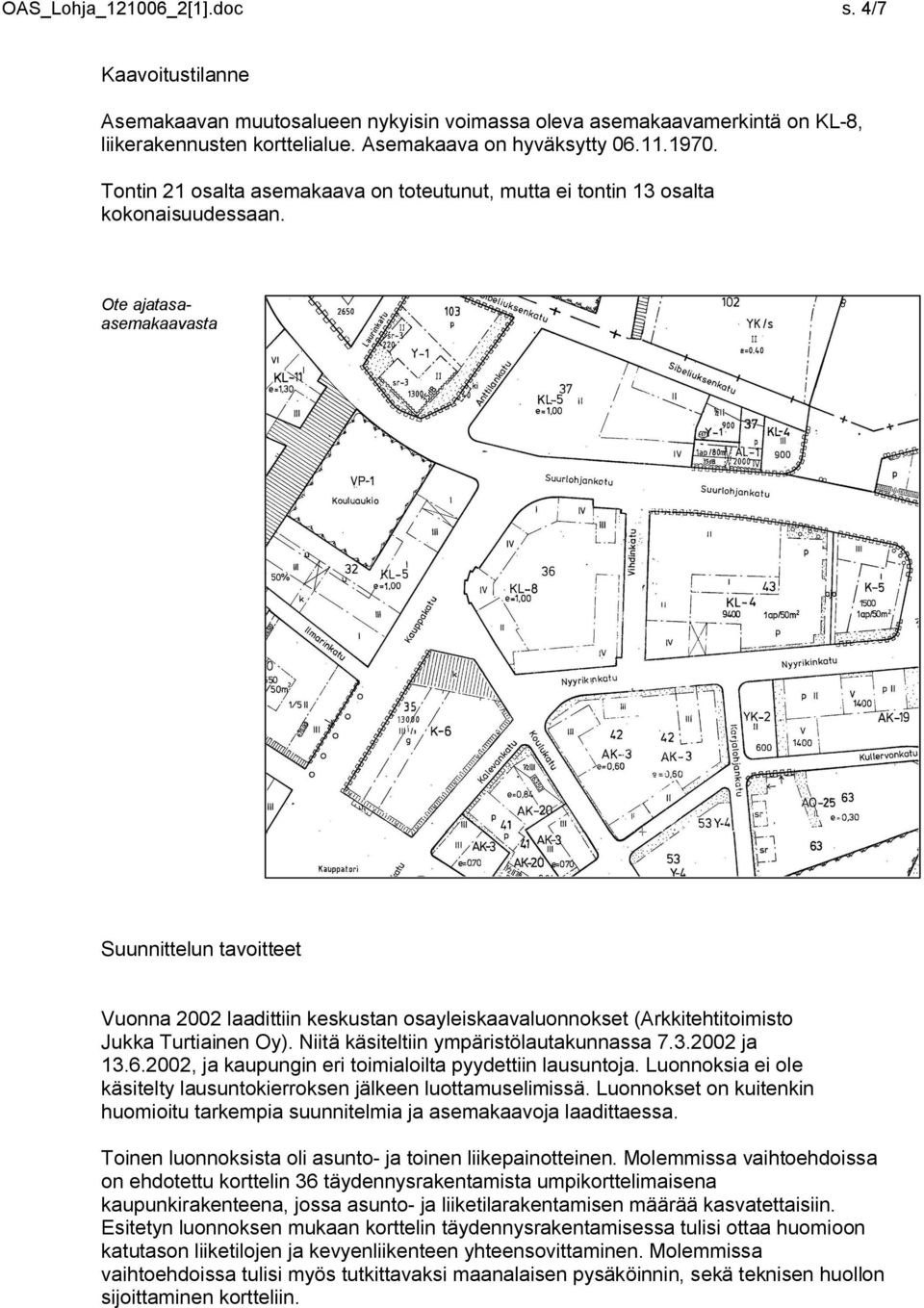 Ote ajatasaasemakaavasta Suunnittelun tavoitteet Vuonna 2002 laadittiin keskustan osayleiskaavaluonnokset (Arkkitehtitoimisto Jukka Turtiainen Oy). Niitä käsiteltiin ympäristölautakunnassa 7.3.