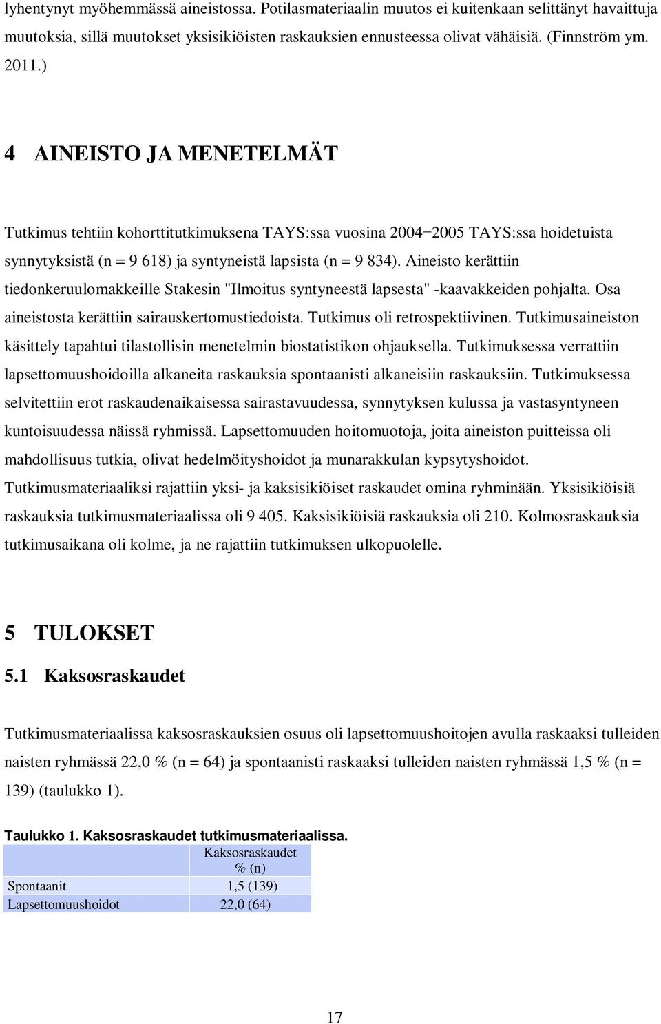 Aineisto kerättiin tiedonkeruulomakkeille Stakesin "Ilmoitus syntyneestä lapsesta" -kaavakkeiden pohjalta. Osa aineistosta kerättiin sairauskertomustiedoista. Tutkimus oli retrospektiivinen.