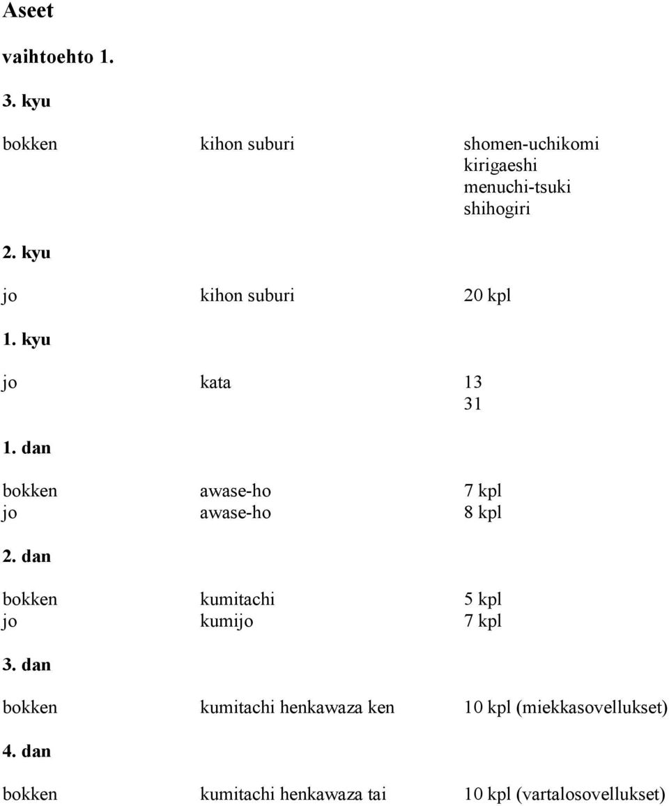 kyu jo kihon suburi 20 kpl 1. kyu jo kata 13 31 1.