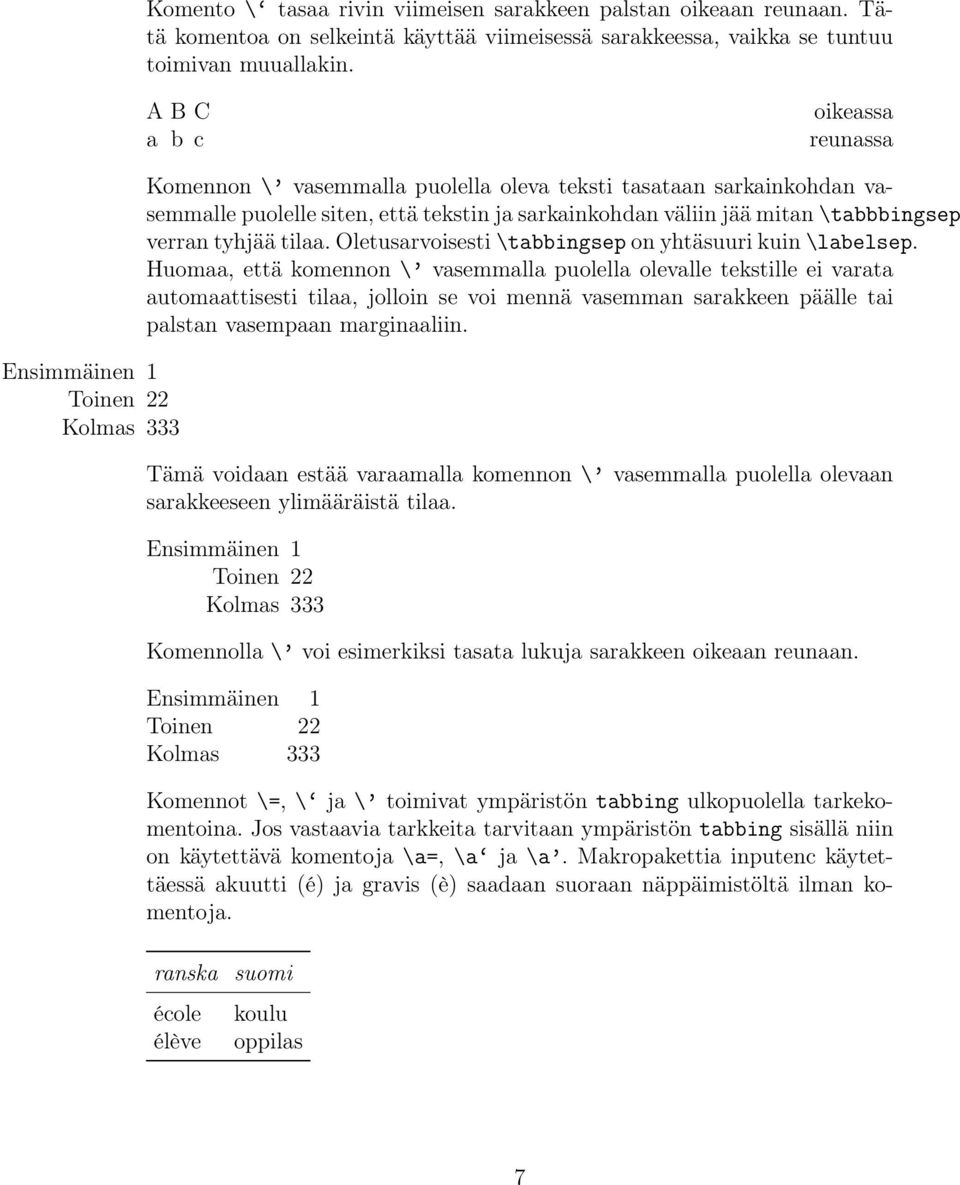 \tabbbingsep verran tyhjää tilaa. Oletusarvoisesti \tabbingsep on yhtäsuuri kuin \labelsep.