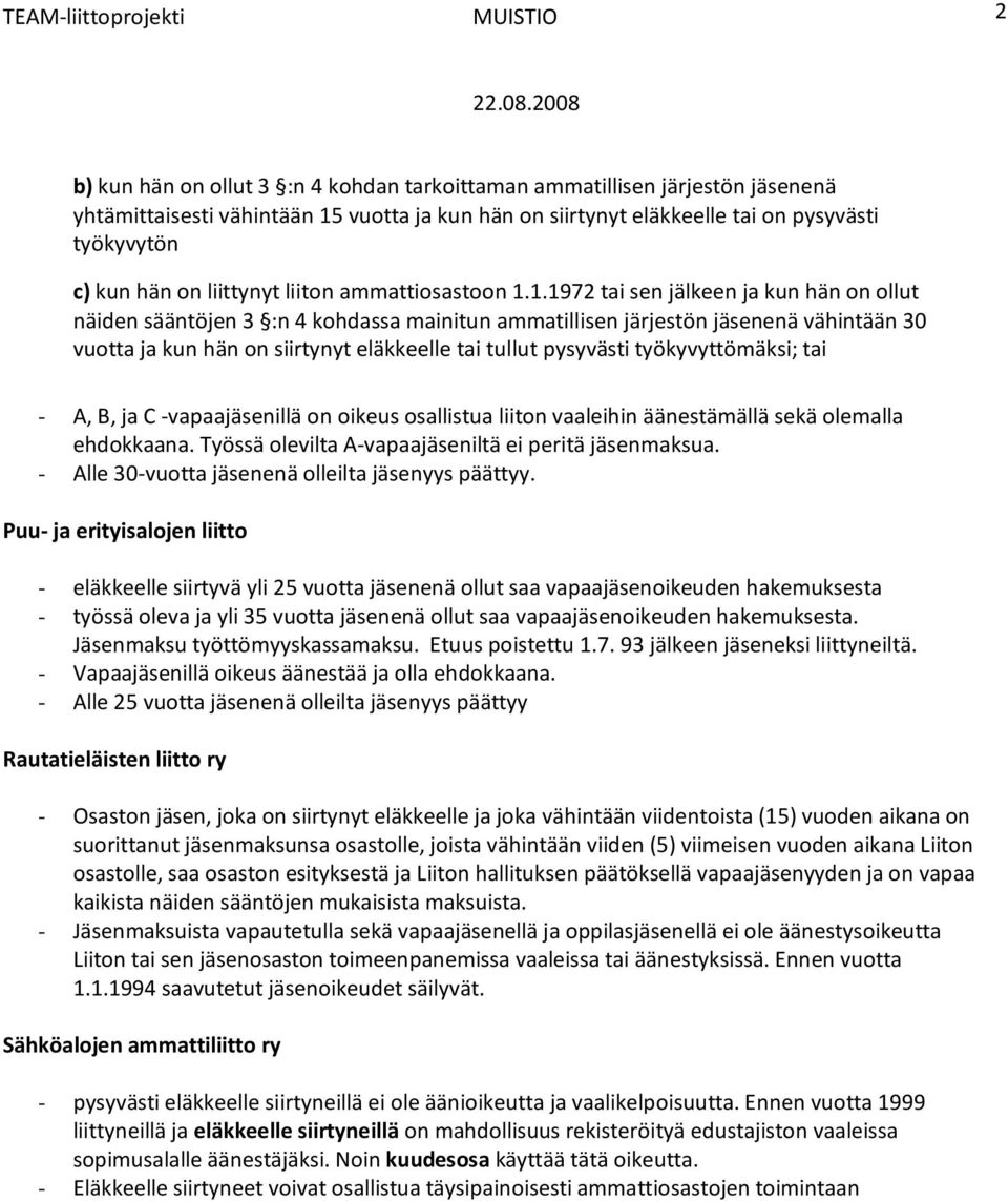 1.1972 tai sen jälkeen ja kun hän on ollut näiden sääntöjen 3 :n 4 kohdassa mainitun ammatillisen järjestön jäsenenä vähintään 30 vuotta ja kun hän on siirtynyt eläkkeelle tai tullut pysyvästi