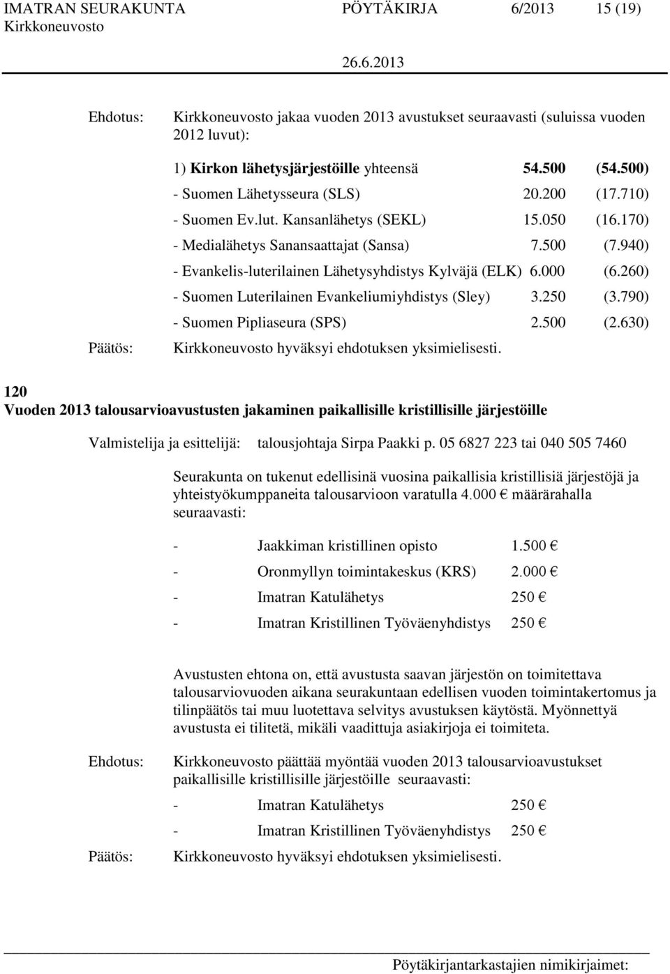 940) - Evankelis-luterilainen Lähetysyhdistys Kylväjä (ELK) 6.000 (6.260) - Suomen Luterilainen Evankeliumiyhdistys (Sley) 3.250 (3.790) - Suomen Pipliaseura (SPS) 2.500 (2.
