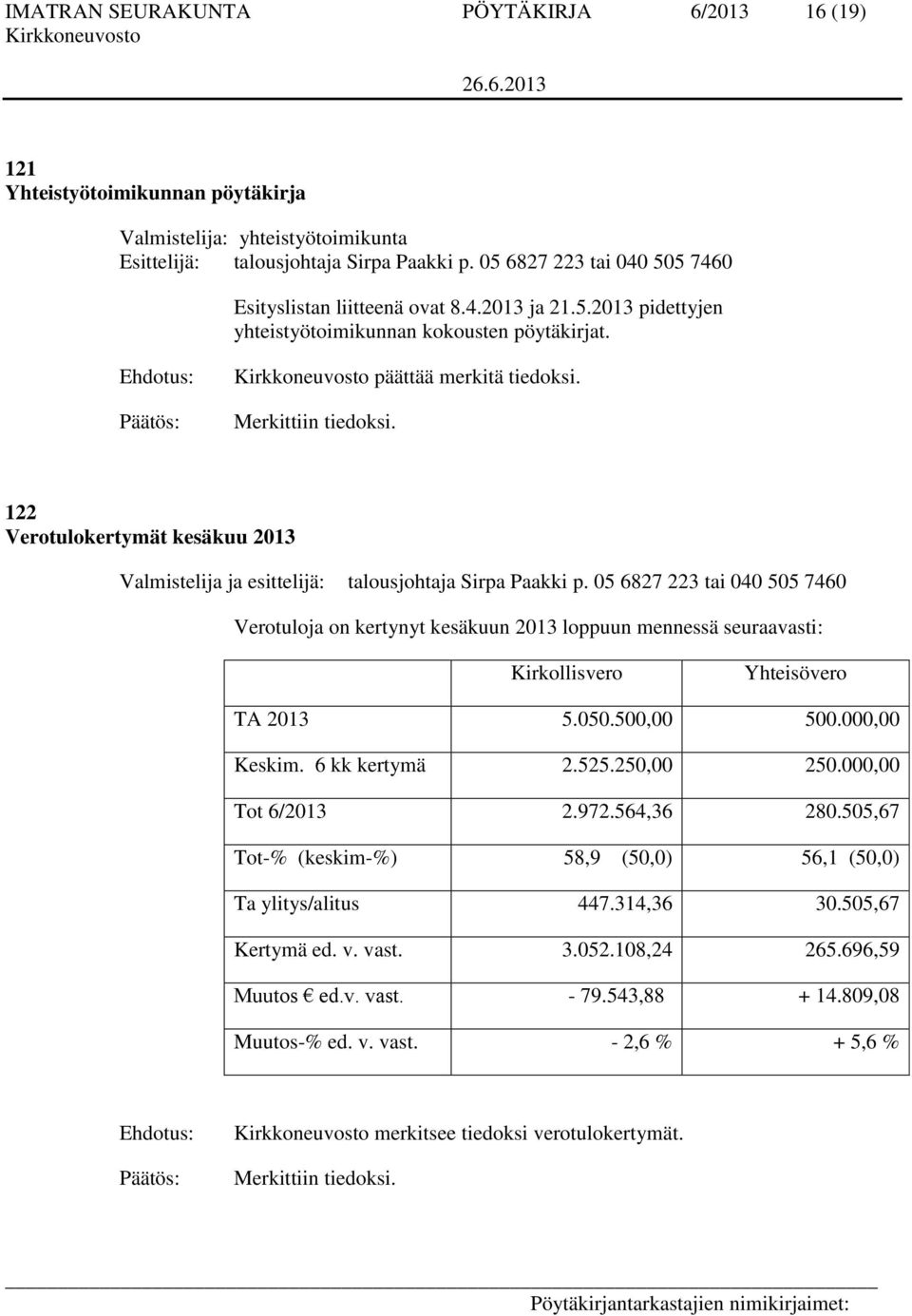 122 Verotulokertymät kesäkuu 2013 Valmistelija ja esittelijä: talousjohtaja Sirpa Paakki p.