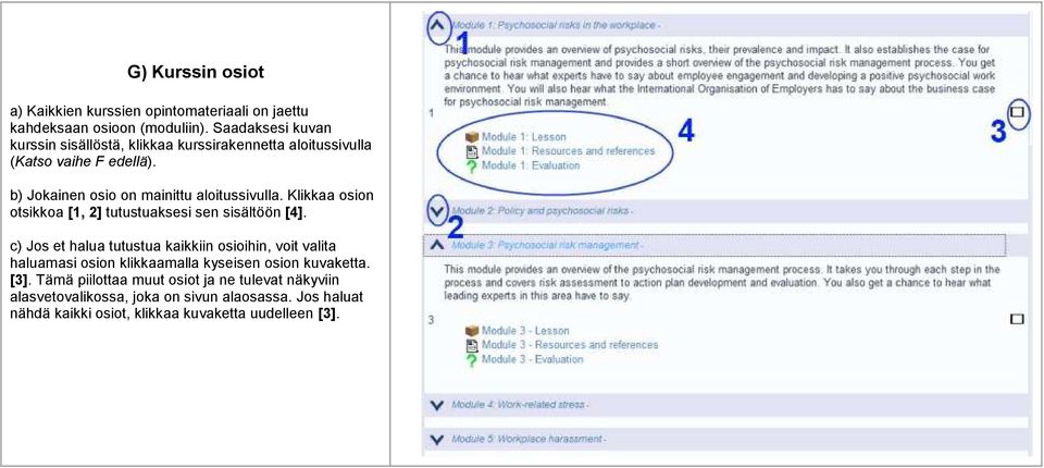 b) Jokainen osio on mainittu aloitussivulla. Klikkaa osion otsikkoa [1, 2] tutustuaksesi sen sisältöön [4].