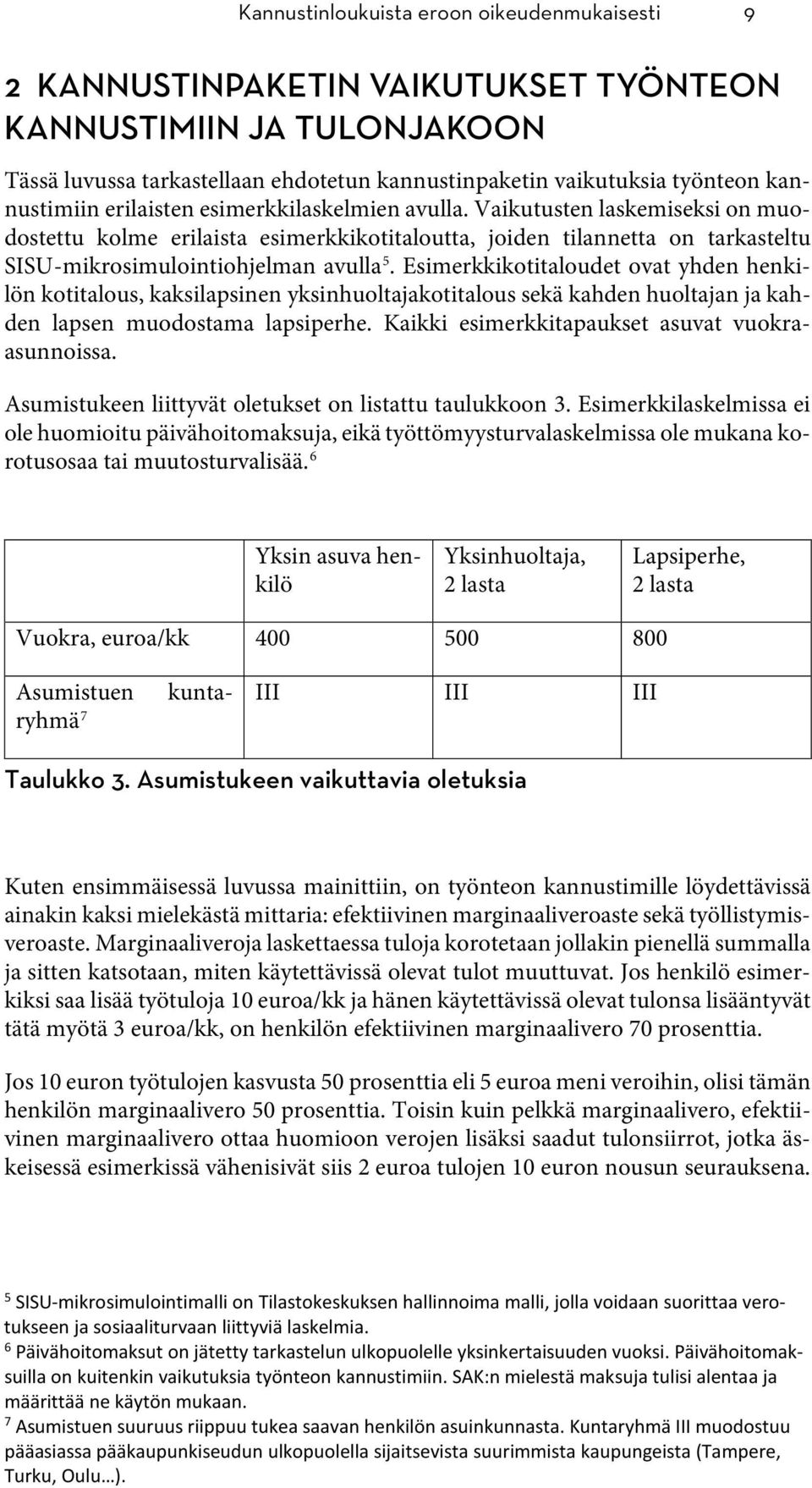 Vaikutusten laskemiseksi on muodostettu kolme erilaista esimerkkikotitaloutta, joiden tilannetta on tarkasteltu SISU-mikrosimulointiohjelman avulla 5.