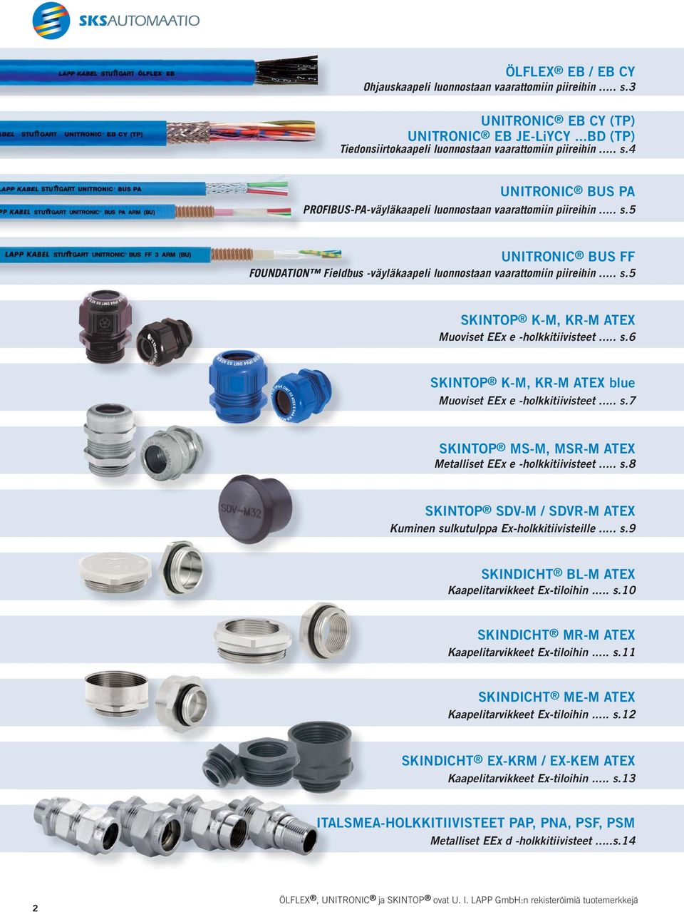 .. s.7 SKINTOP MS-M, MSR-M ATEX Metalliset EEx e -holkkitiivisteet... s.8 SKINTOP SDV-M / SDVR-M ATEX Kuminen sulkutulppa Ex-holkkitiivisteille... s.9 SKINDICHT BL-M ATEX Kaapelitarvikkeet Ex-tiloihin.