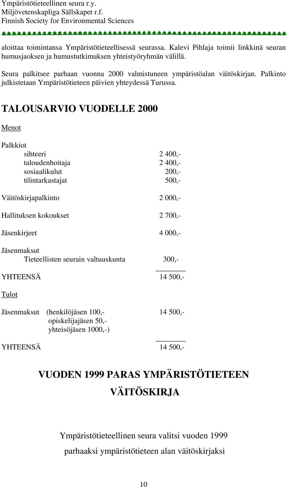 TALOUSARVIO VUODELLE 2000 Menot Palkkiot sihteeri 2 400,- taloudenhoitaja 2 400,- sosiaalikulut 200,- tilintarkastajat 500,- Väitöskirjapalkinto 2 000,- Hallituksen kokoukset 2 700,- Jäsenkirjeet 4