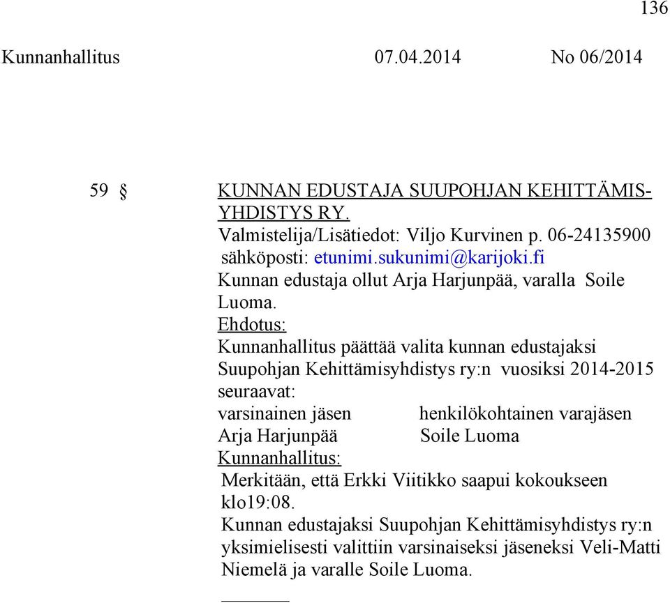 Ehdotus: Kunnanhallitus päättää valita kunnan edustajaksi Suupohjan Kehittämisyhdistys ry:n vuosiksi 2014-2015 seuraavat: varsinainen jäsen