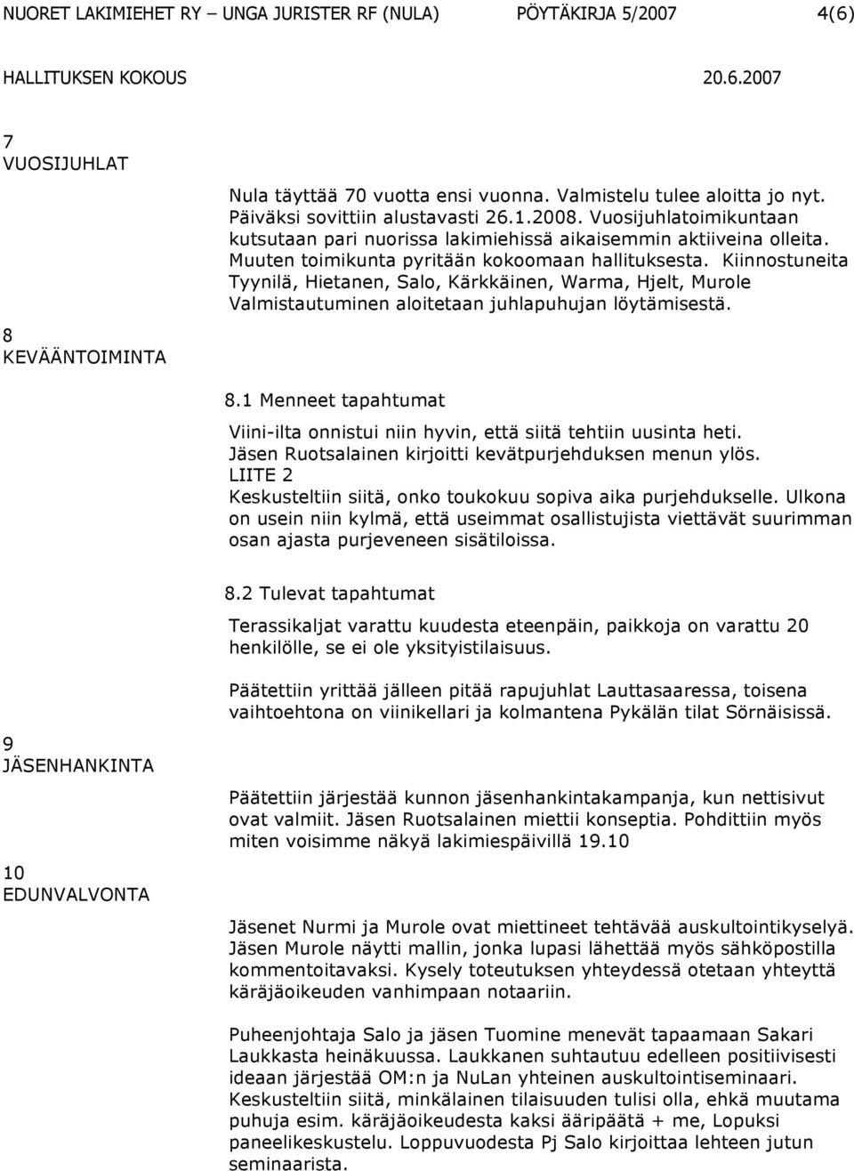 Kiinnostuneita Tyynilä, Hietanen, Salo, Kärkkäinen, Warma, Hjelt, Murole Valmistautuminen aloitetaan juhlapuhujan löytämisestä. 8.