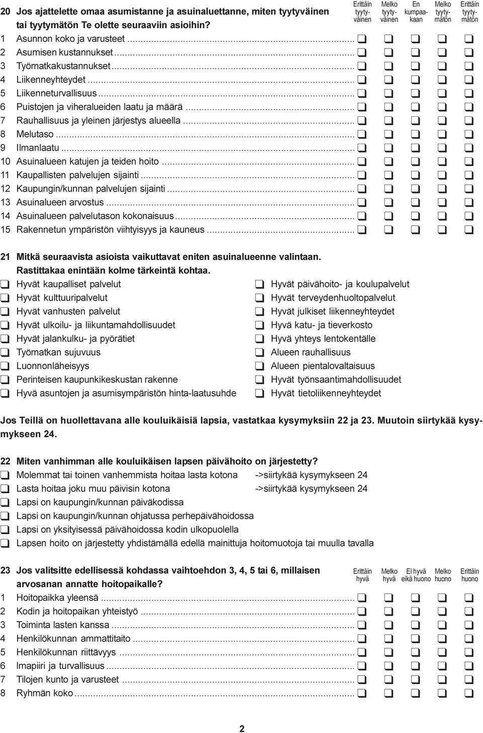 .. q q q q q 6 Puistojen ja viheralueiden laatu ja määrä... q q q q q 7 Rauhallisuus ja yleinen järjestys alueella... q q q q q 8 Melutaso... q q q q q 9 Ilmanlaatu.