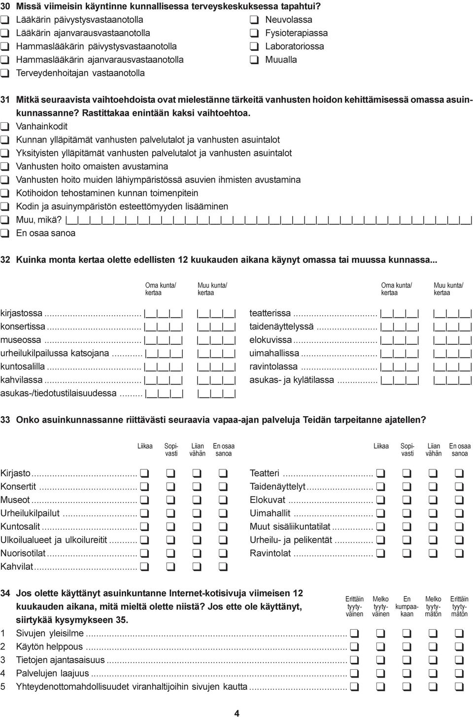 Muualla q Terveydenhoitajan vastaanotolla 31 Mitkä seuraavista vaihtoehdoista ovat mielestänne tärkeitä vanhusten hoidon kehittämisessä omassa asuinkunnassanne? Rastittakaa enintään kaksi vaihtoehtoa.