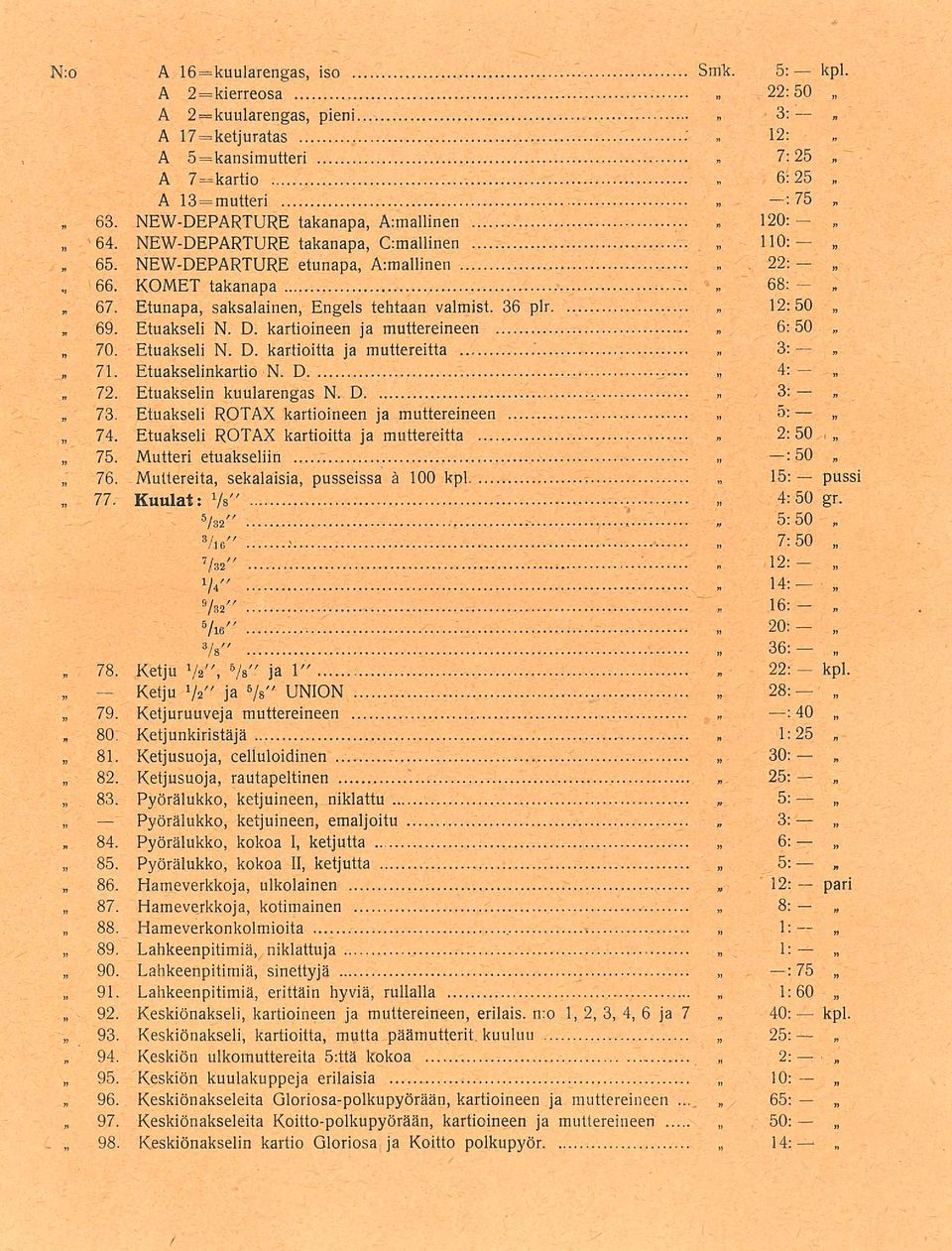 : A 13=mutteri 75 NEWDEPARTURE lakanapa Ajallinen NEWDEPARTURE lakanapa C:mallinen 110: NEWDEPARTURE etunapa A:mallinen» 22: KOMET ~ lakanapa 68: Etunapa saksalainen Engels tehtaan valmist.