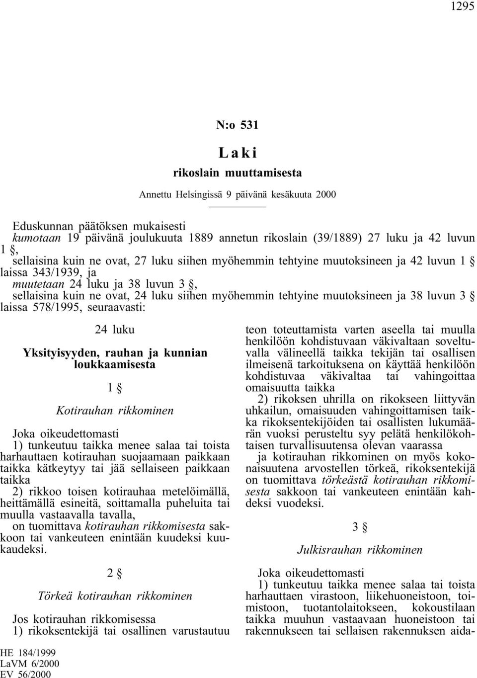 laissa 578/1995, seuraavasti: 24 luku Yksityisyyden, rauhan ja kunnian loukkaamisesta 1 Kotirauhan rikkominen Joka oikeudettomasti 1) tunkeutuu taikka menee salaa tai toista harhauttaen kotirauhan