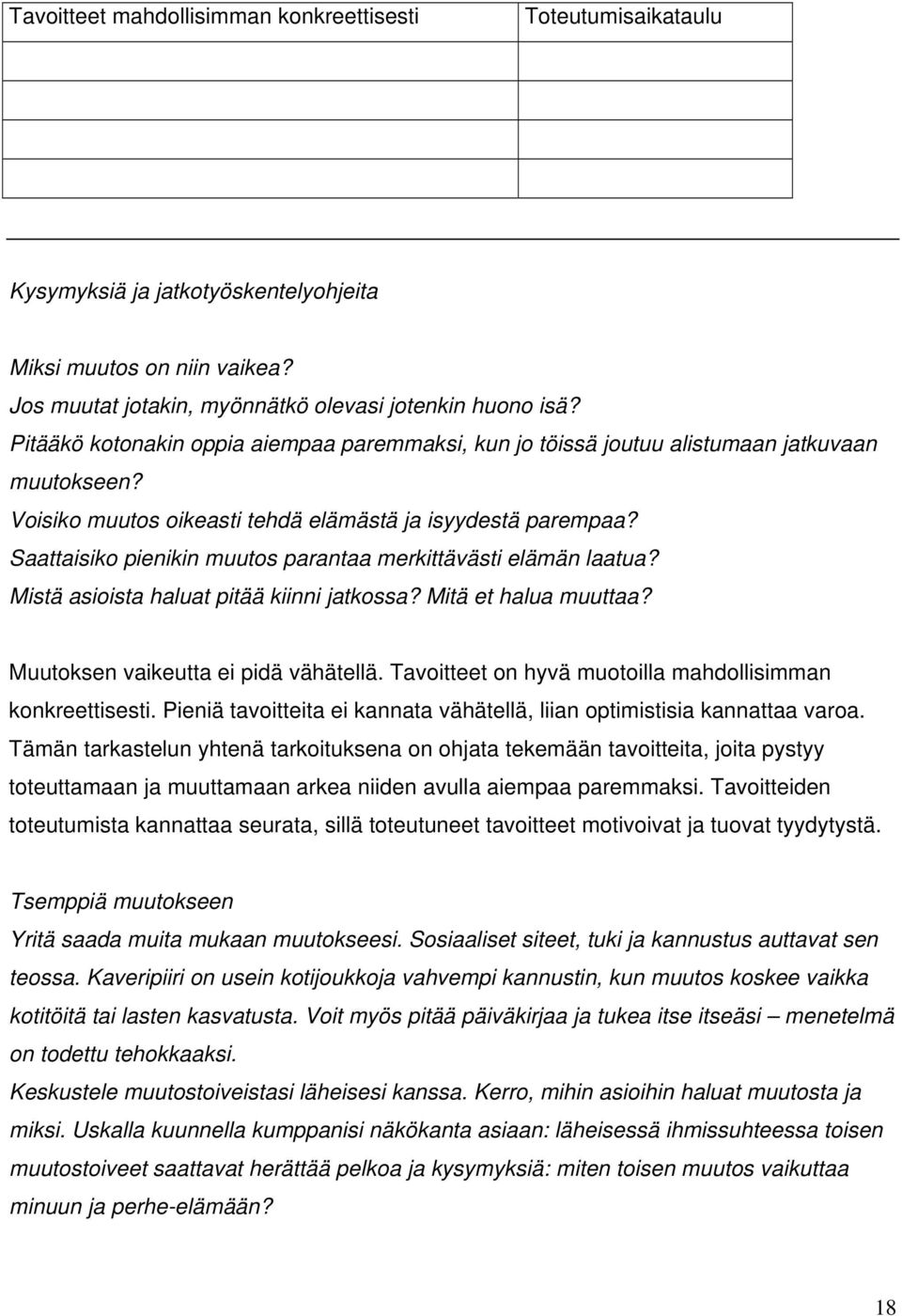 Saattaisiko pienikin muutos parantaa merkittävästi elämän laatua? Mistä asioista haluat pitää kiinni jatkossa? Mitä et halua muuttaa? Muutoksen vaikeutta ei pidä vähätellä.