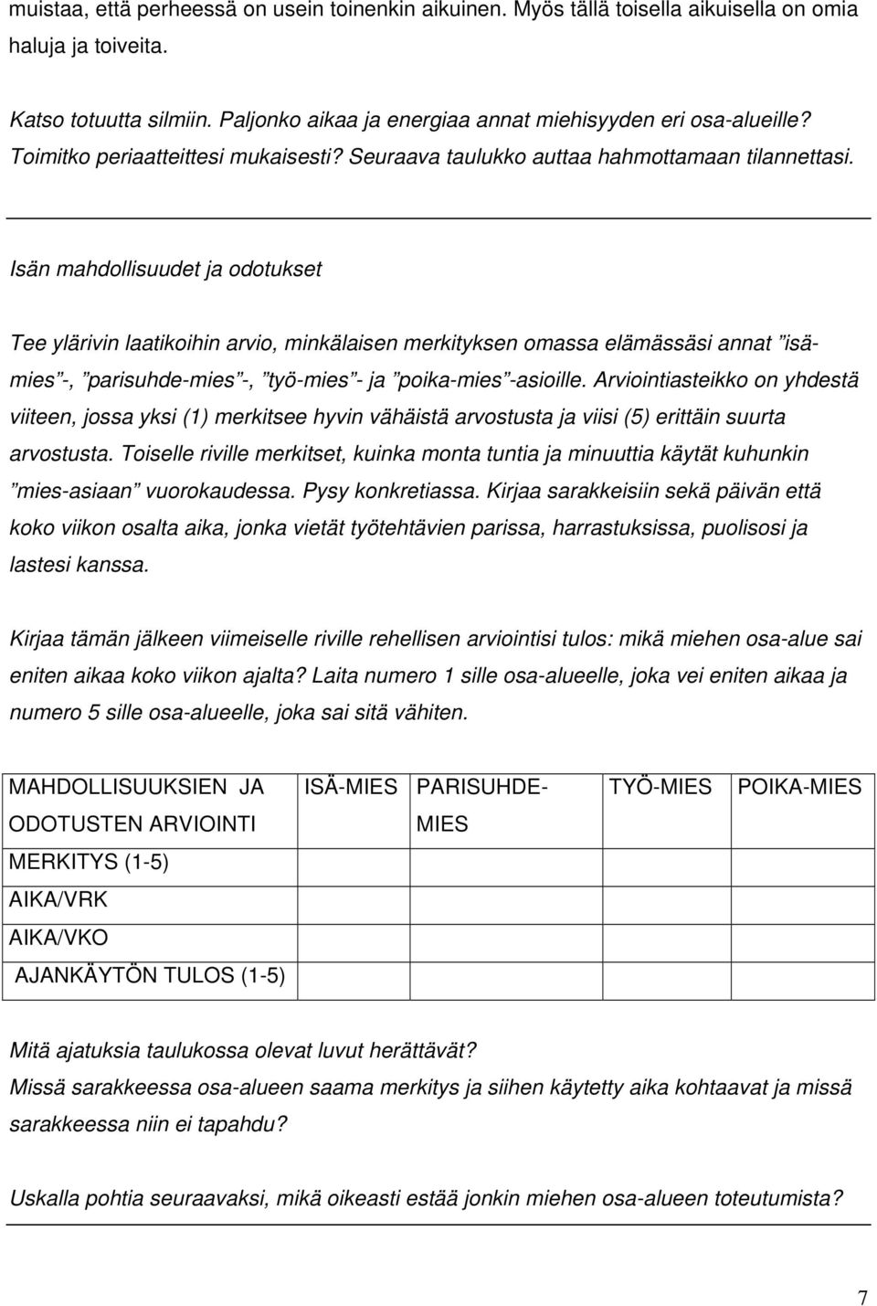 Isän mahdollisuudet ja odotukset Tee ylärivin laatikoihin arvio, minkälaisen merkityksen omassa elämässäsi annat isämies -, parisuhde-mies -, työ-mies - ja poika-mies -asioille.