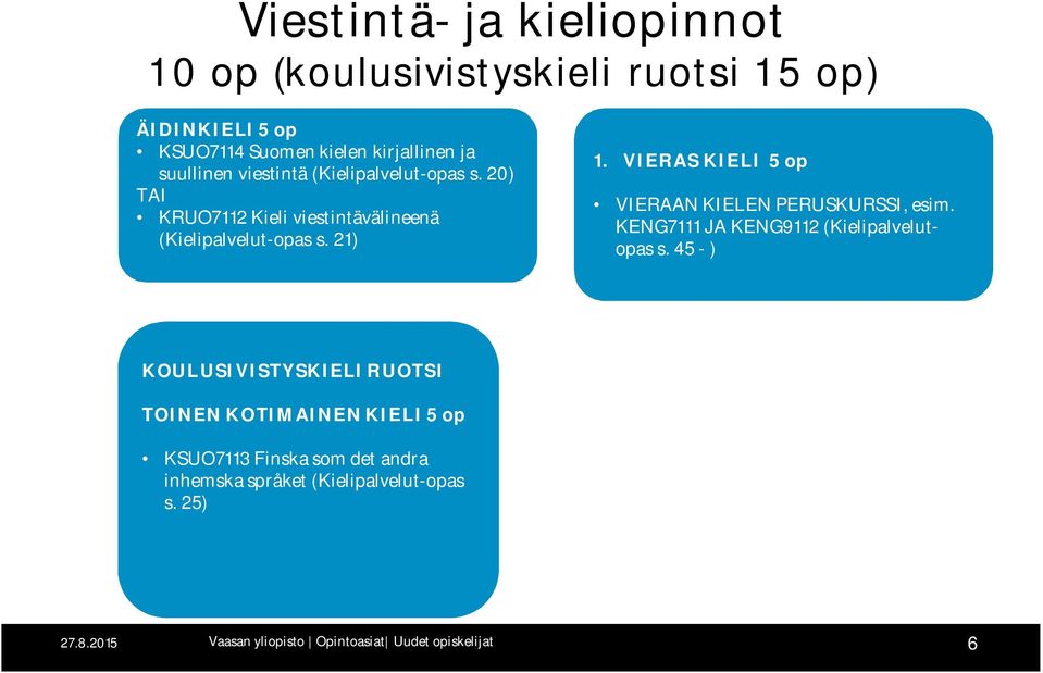 VIERAS KIELI 5 op VIERAAN KIELEN PERUSKURSSI, esim. KENG7111 JA KENG9112 (Kielipalvelutopas s.