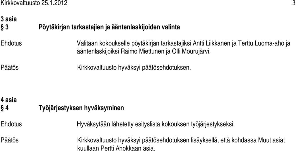 Antti Liikkanen ja Terttu Luoma aho ja ääntenlaskijoiksi Raimo Miettunen ja Olli Mourujärvi.