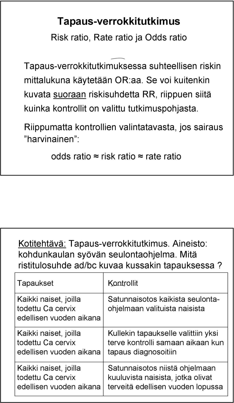 Riippumatta kontrollien valintatavasta, jos sairaus harvinainen : odds ratio risk ratio rate ratio Kotitehtävä: Tapaus-verrokkitutkimus. Aineisto: kohdunkaulan syövän seulontaohjelma.