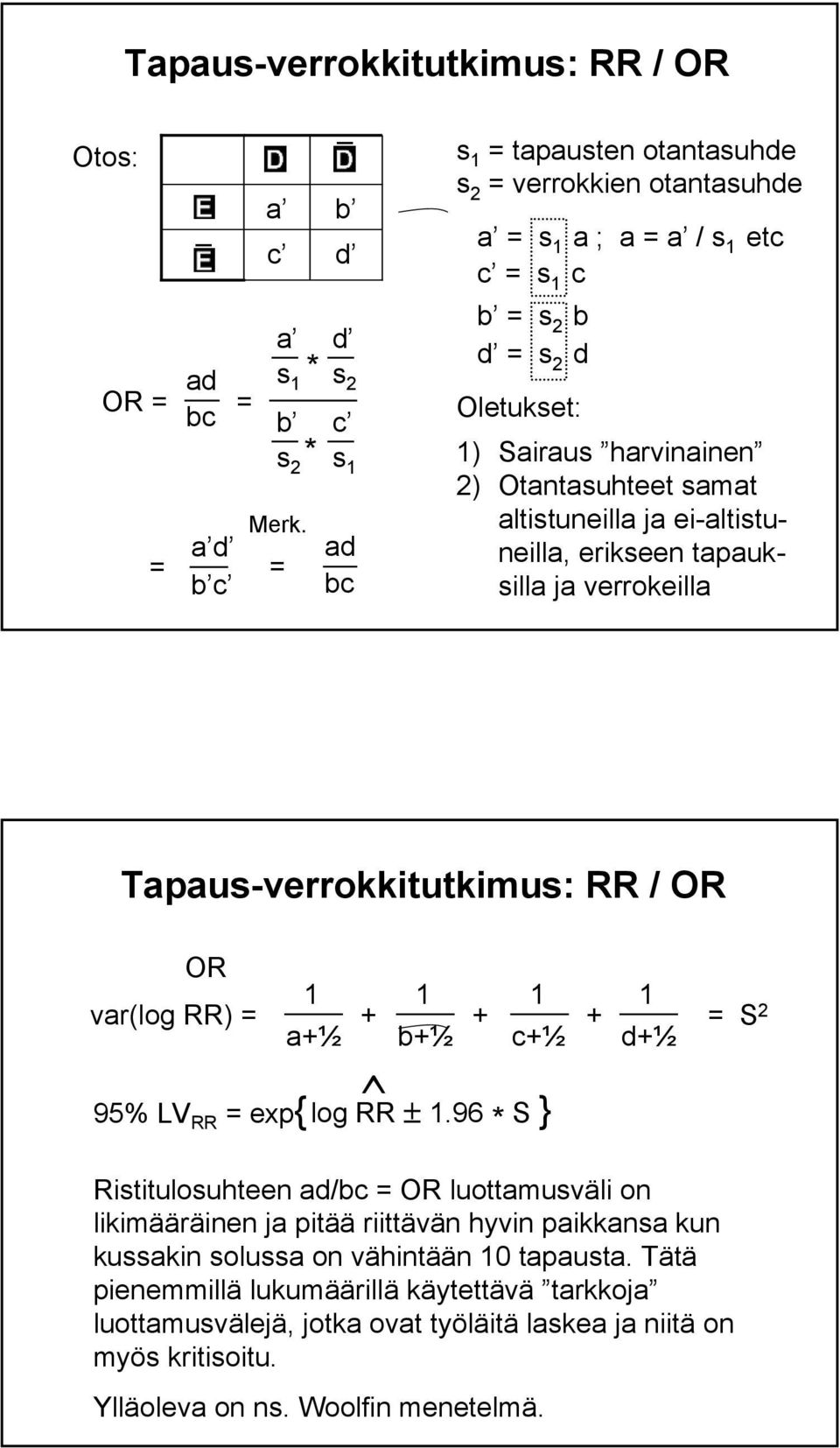 altistuneilla ja ei-altistuneilla, erikseen tapauksilla ja verrokeilla Tapaus-verrokkitutkimus: RR / OR OR var(log RR) = 95% LV exp{ 1 a+½ + 1 b+½ + 1 c+½ + 1 d+½ ^ log RR ± 1.