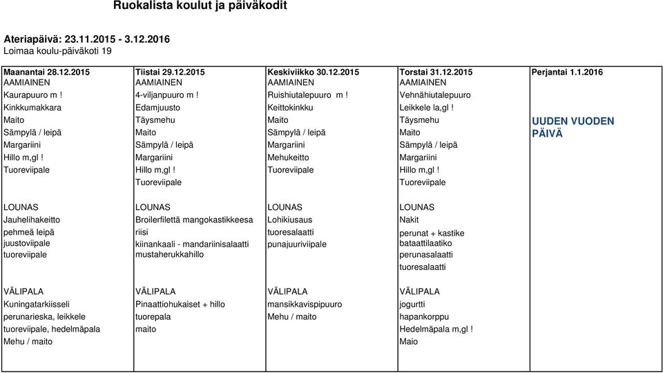 Maito Täysmehu Maito Täysmehu UUDEN VUODEN Sämpylä / leipä Maito Sämpylä / leipä Maito PÄIVÄ Margariini Sämpylä / leipä Margariini Sämpylä / leipä Hillo m,gl!