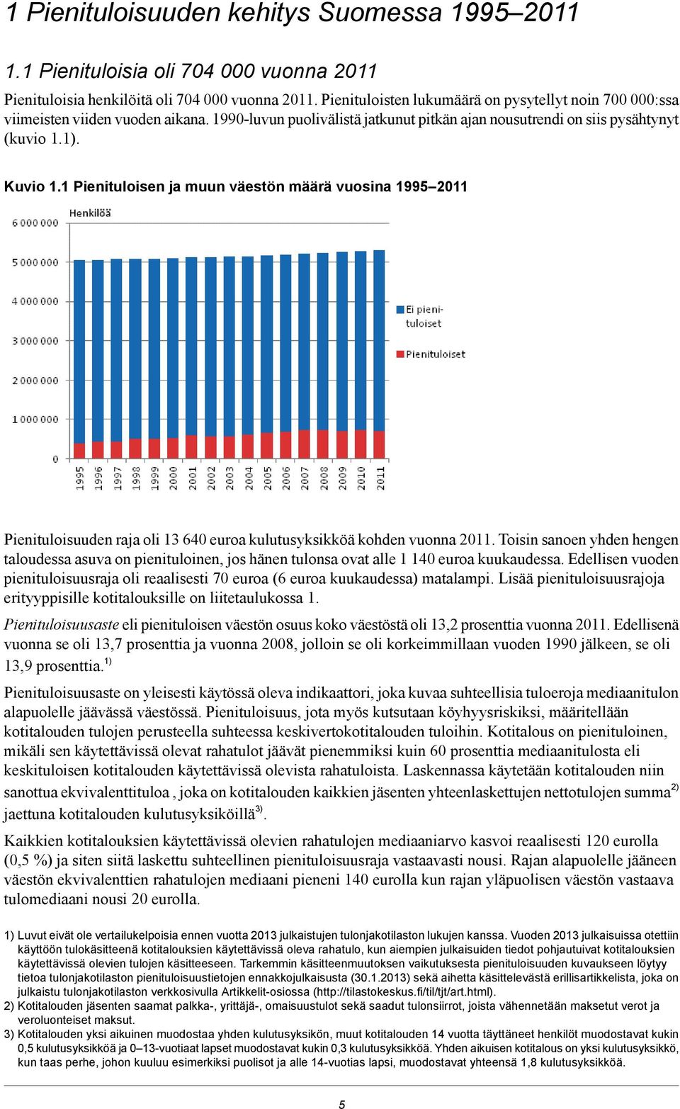 1 Pienituloisen ja muun väestön määrä vuosina 1995 2011 Pienituloisuuden raja oli 13 640 euroa kulutusyksikköä kohden vuonna 2011.