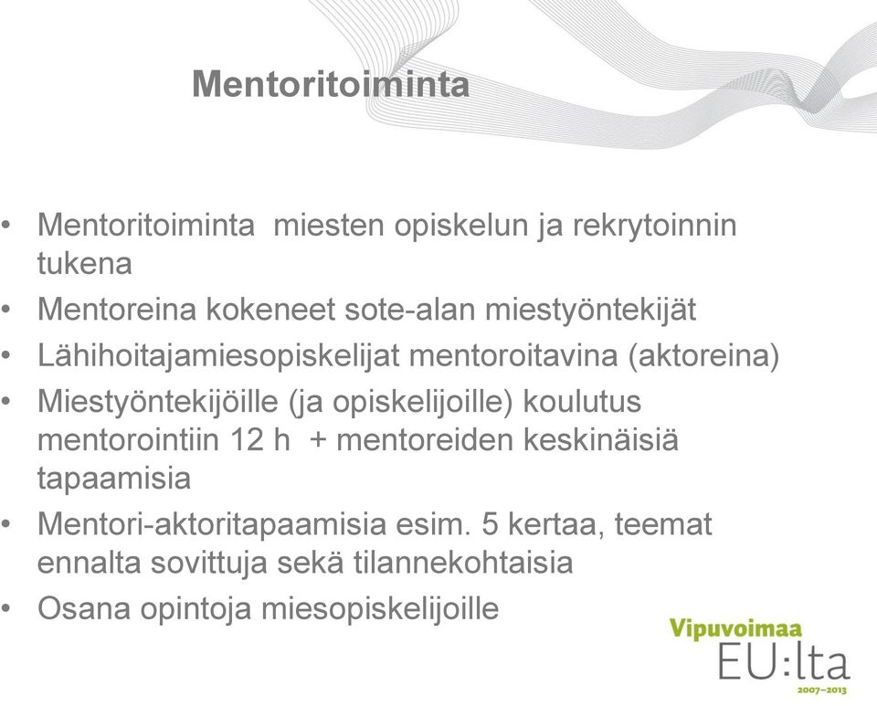 (ja opiskelijoille) koulutus mentorointiin 12 h + mentoreiden keskinäisiä tapaamisia