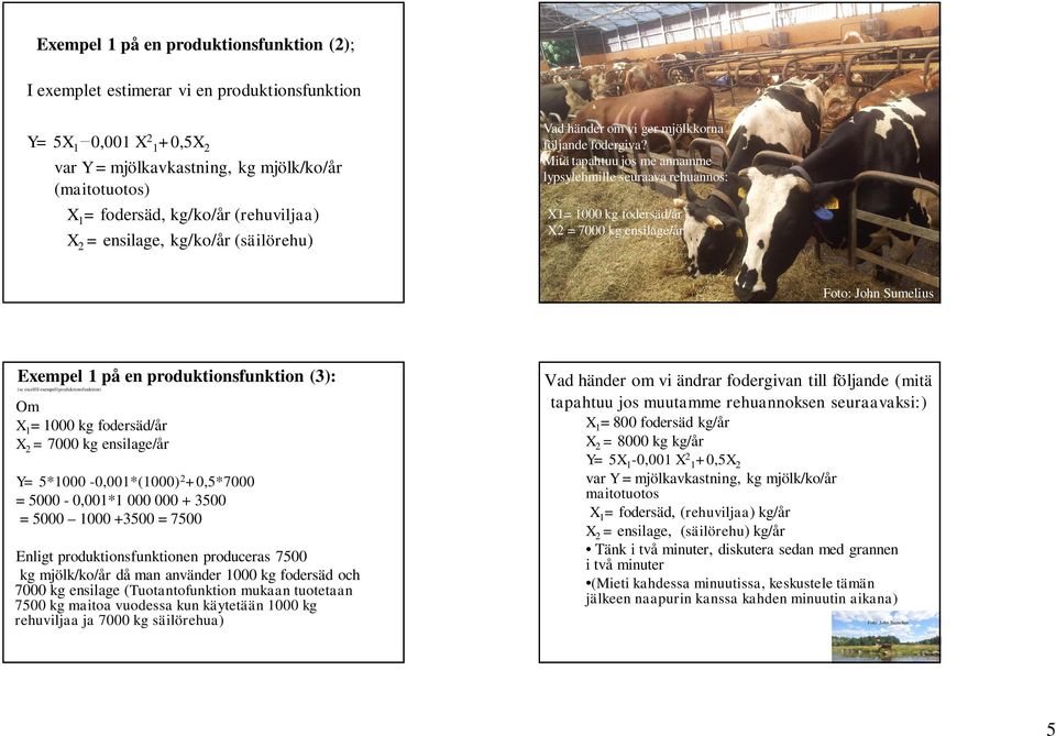 Mitä tapahtuu jos me annamme lypsylehmille seuraava rehuannos: X1= 1000 kg fodersäd/år X2 = 7000 kg ensilage/år Foto: John Sumelius Exempel 1 på en produktionsfunktion (3): (se excelfil