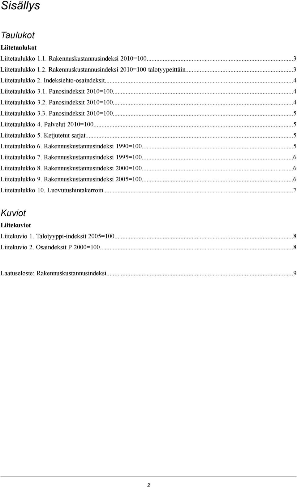 Palvelut 2010=100...5 Liitetaulukko 5. Ketjutetut sarjat...5 Liitetaulukko 6. Rakennuskustannusindeksi...5 Liitetaulukko 7. Rakennuskustannusindeksi...6 Liitetaulukko 8. Rakennuskustannusindeksi...6 Liitetaulukko 9.