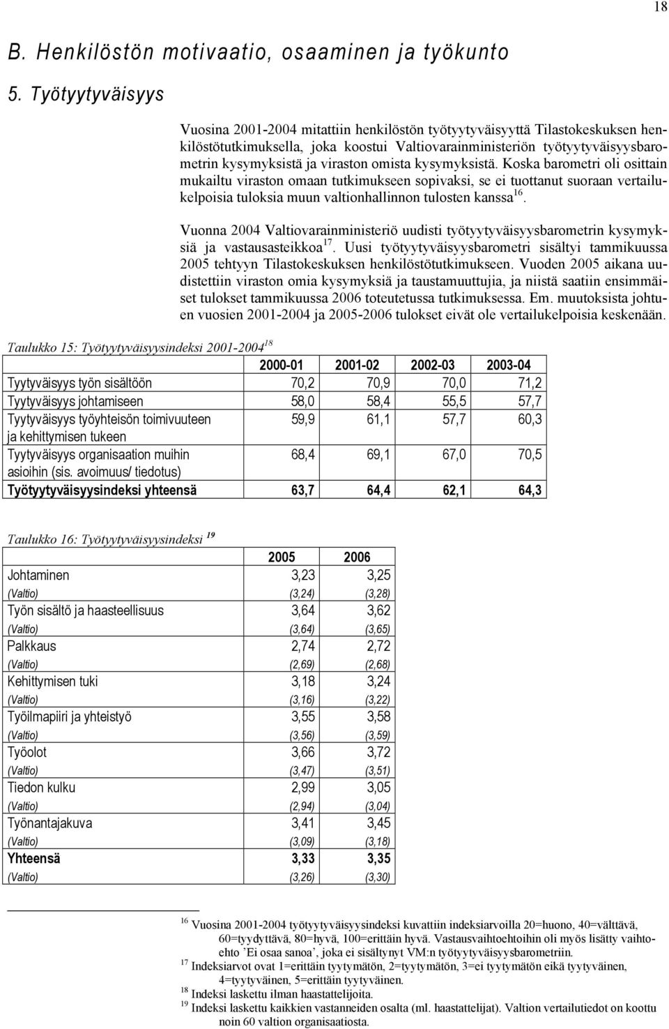 viraston omista kysymyksistä. Koska barometri oli osittain mukailtu viraston omaan tutkimukseen sopivaksi, se ei tuottanut suoraan vertailukelpoisia tuloksia muun valtionhallinnon tulosten kanssa 16.