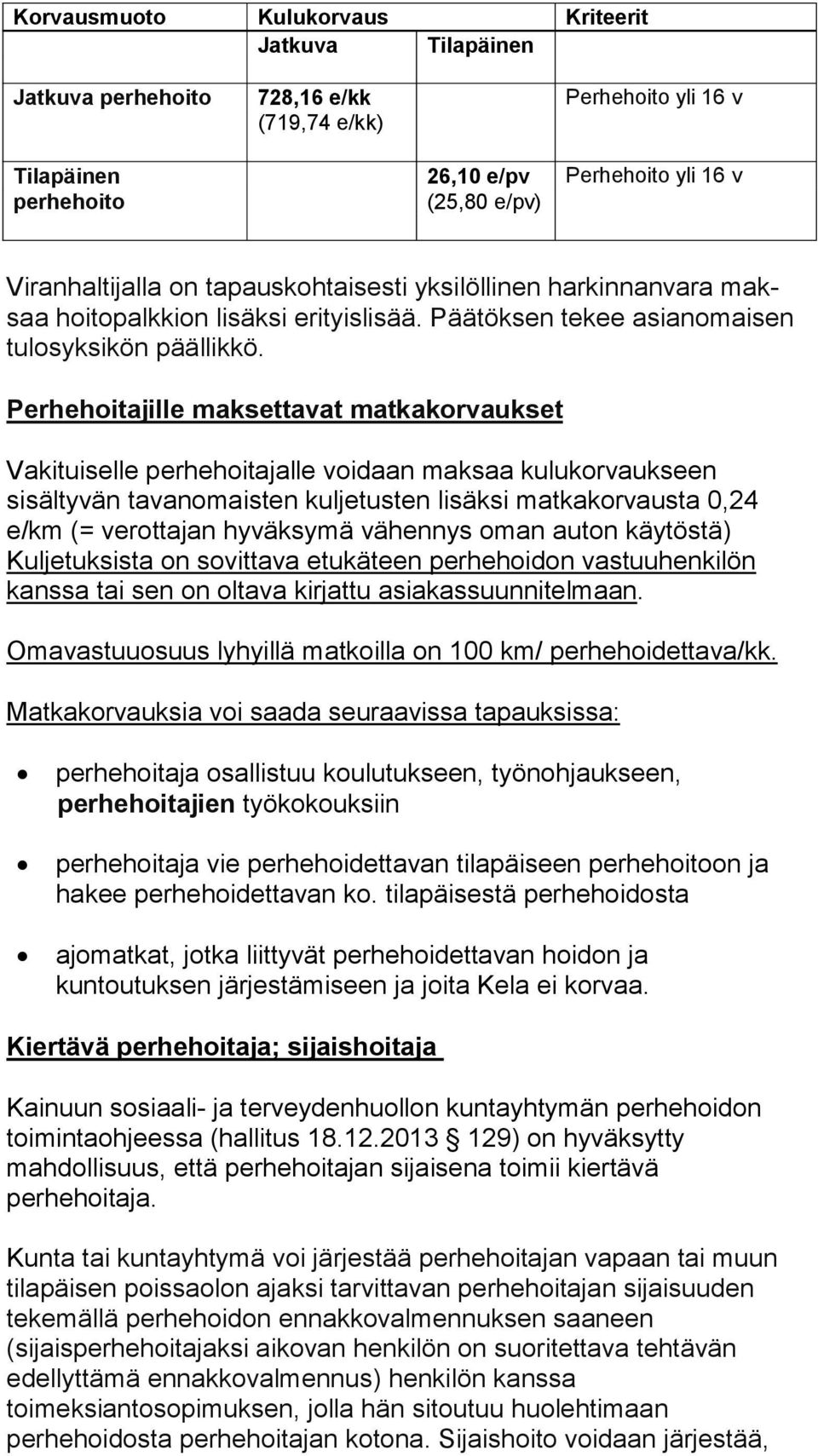 Perhehoitajille maksettavat matkakorvaukset Vakituiselle perhehoitajalle voidaan maksaa kulukorvaukseen sisältyvän tavanomaisten kuljetusten lisäksi matkakorvausta 0,24 e/km (= verottajan hyväksymä