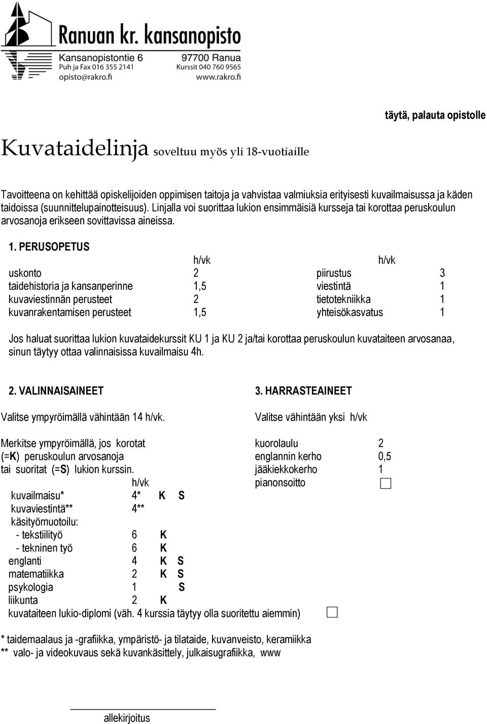 PERUSOPETUS uskonto 2 piirustus 3 taidehistoria ja kansanperinne 1,5 viestintä 1 kuvaviestinnän perusteet 2 tietotekniikka 1 kuvanrakentamisen perusteet 1,5 yhteisökasvatus 1 Jos haluat suorittaa