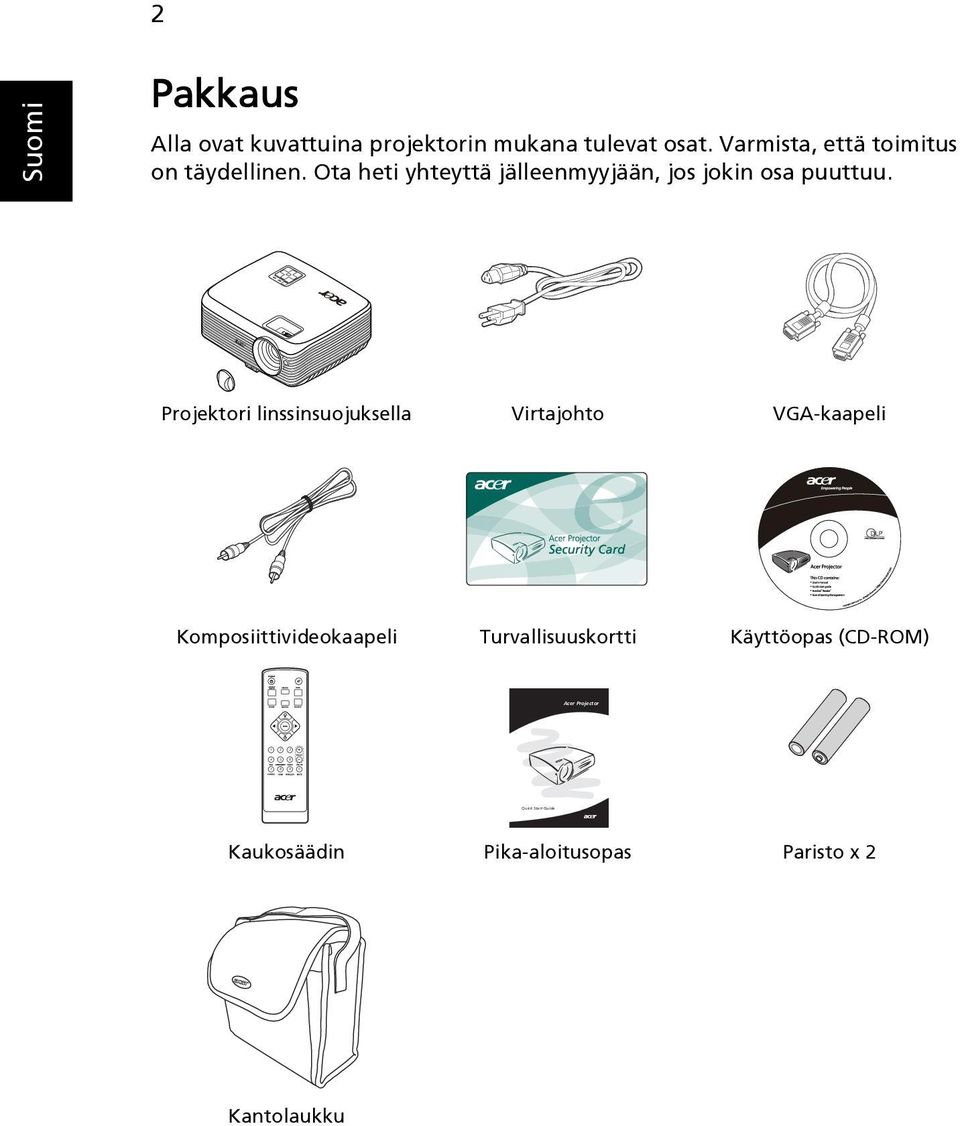 Ota heti yhteyttä jälleenmyyjään, jos jokin osa puuttuu.