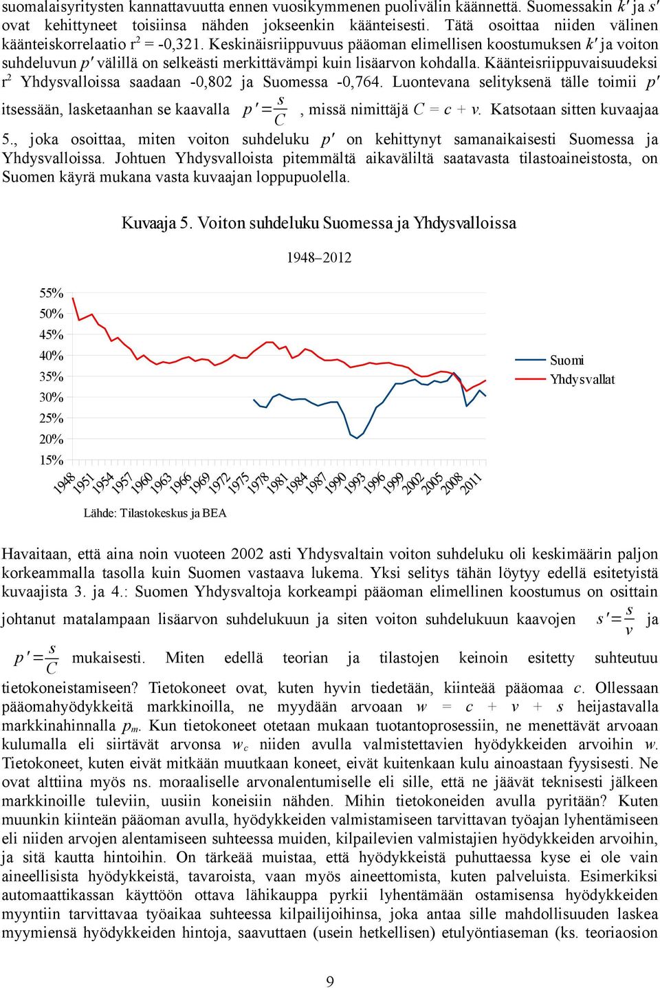 Keskinäisriippuvuus pääoman elimellisen koostumuksen k' ja voiton suhdeluvun p' välillä on selkeästi merkittävämpi kuin lisäarvon kohdalla.