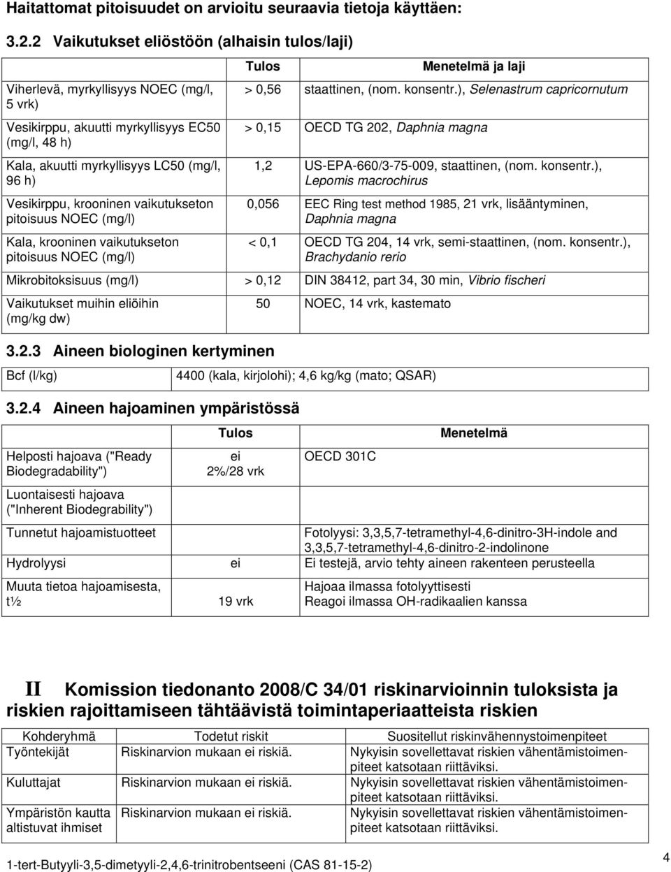 krooninen vaikutukseton pitoisuus NOEC (mg/l) Kala, krooninen vaikutukseton pitoisuus NOEC (mg/l) Tulos Menetelmä ja laji > 0,56 staattinen, (nom. konsentr.