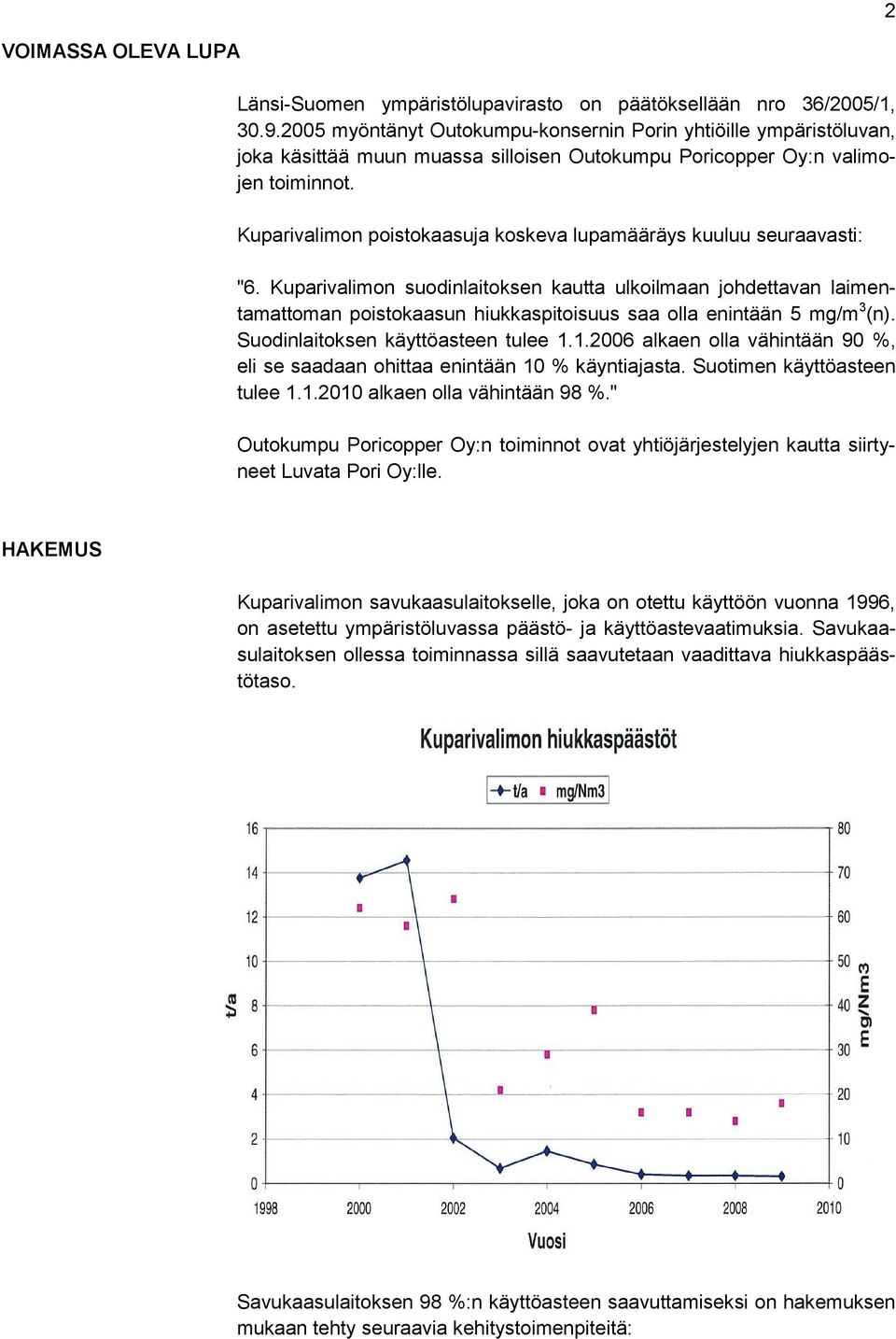 Kuparivalimon poistokaasuja koskeva lupamääräys kuuluu seuraavasti: "6.