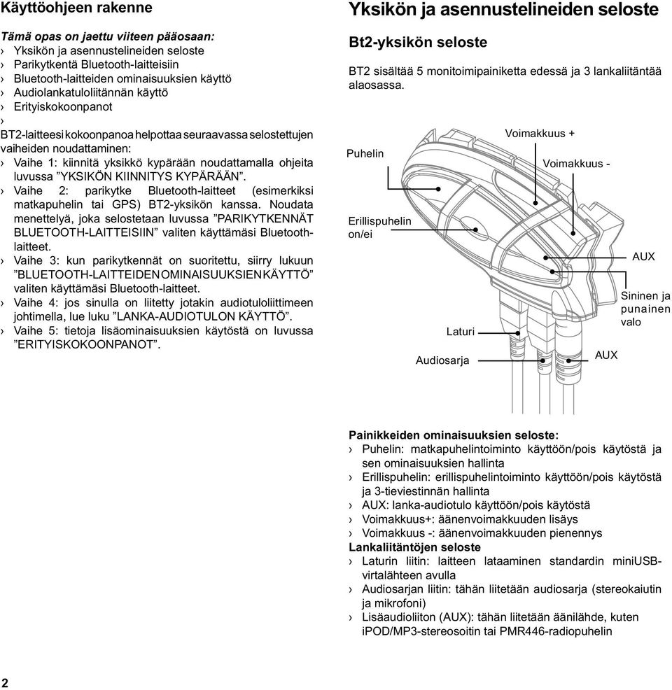 KYPÄRÄÄN. Vaihe 2: parikytke Bluetooth-laitteet (esimerkiksi matkapuhelin tai GPS) BT2-yksikön kanssa.