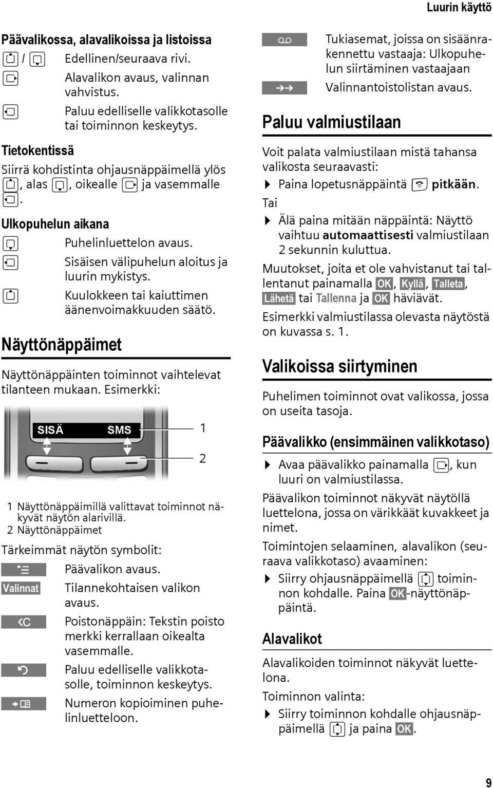 t Kuulokkeen tai kaiuttimen äänenvoimakkuuden säätö. Näyttönäppäimet Näyttönäppäinten toiminnot vaihtelevat tilanteen mukaan.