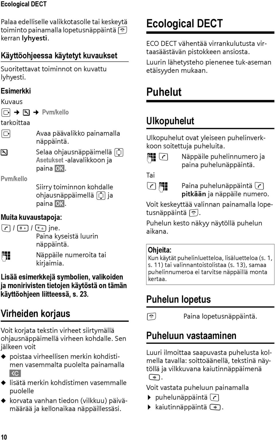 Siirry toiminnon kohdalle ohjausnäppäimellä q ja paina OK. Muita kuvaustapoja: c / Q / * jne. Paina kyseistä luurin näppäintä. ~ Näppäile numeroita tai kirjaimia.