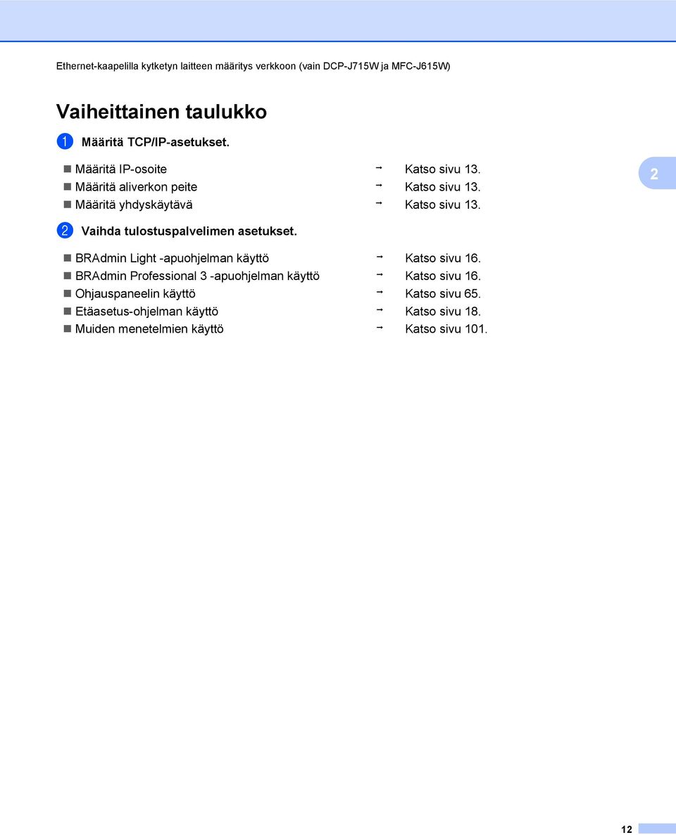 2 b Vaihda tulostuspalvelimen asetukset. BRAdmin Light -apuohjelman käyttö i Katso sivu 16.