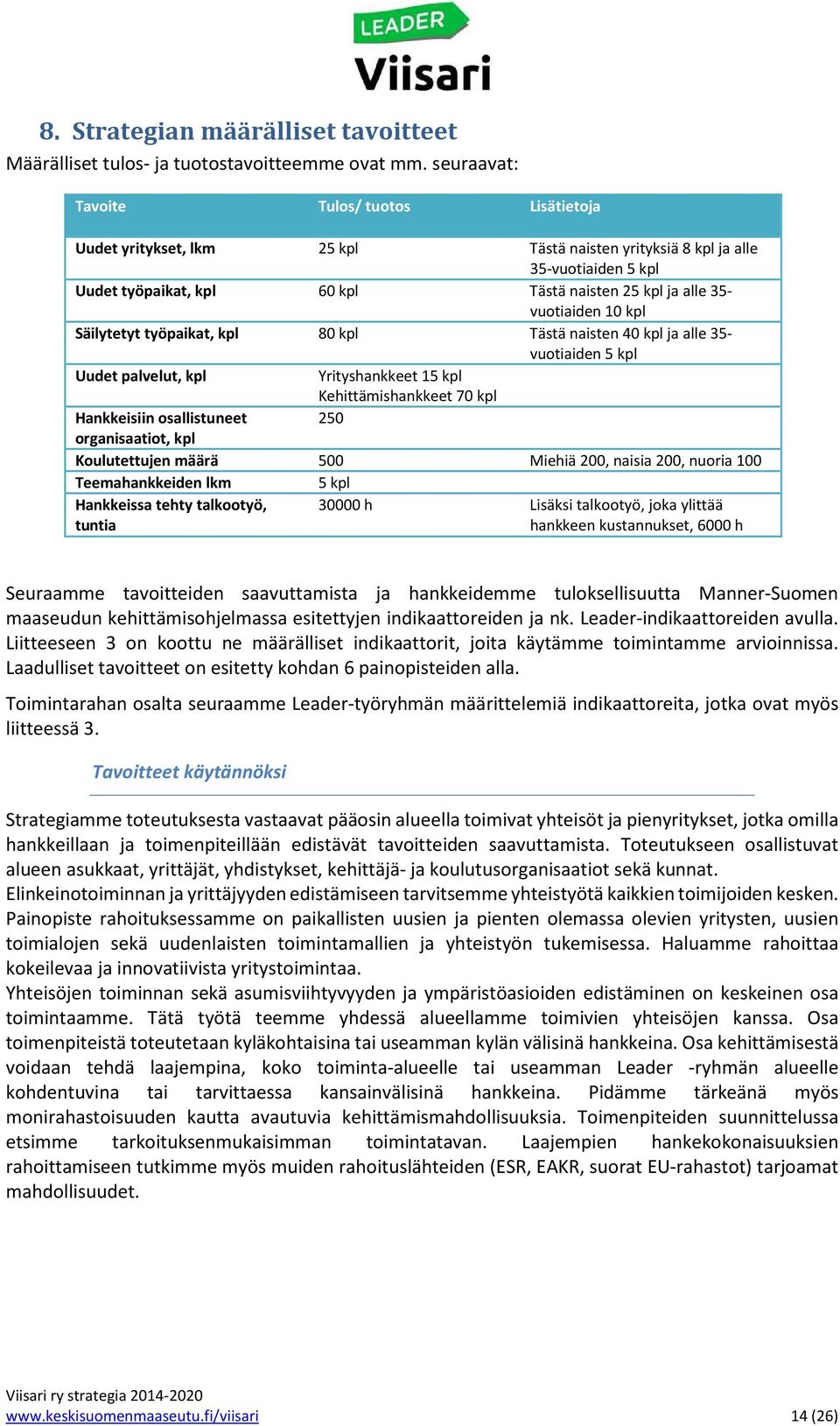 vuotiaiden 10 kpl Säilytetyt työpaikat, kpl 80 kpl Tästä naisten 40 kpl ja alle 35- vuotiaiden 5 kpl Uudet palvelut, kpl Yrityshankkeet 15 kpl Kehittämishankkeet 70 kpl Hankkeisiin osallistuneet 250