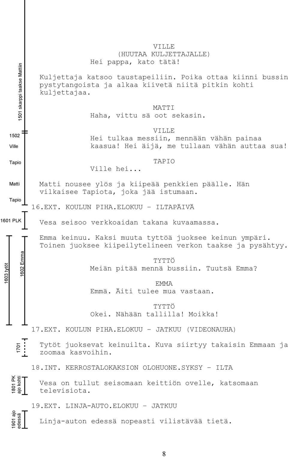 Hei äijä, me tullaan vähän auttaa sua! Tapio Ville hei... TAPIO Matti Tapio 1601 PLK Matti nousee ylös ja kiipeää penkkien päälle. Hän vilkaisee Tapiota, joka jää istumaan. 16.EXT. KOULUN PIHA.